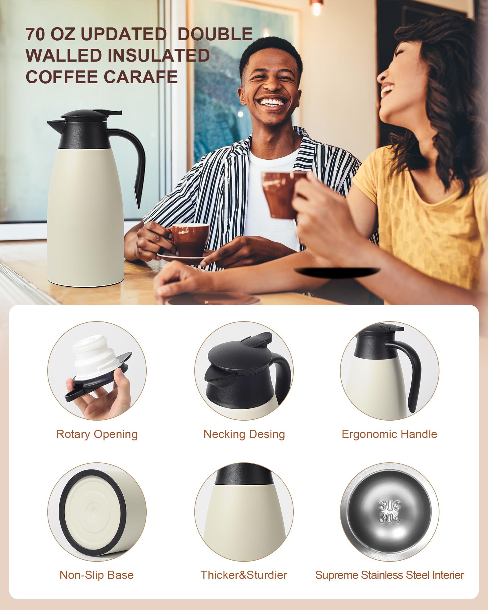 Jarra térmica de café de 70 onzas, jarra de café de acero inoxidable aislada actualizada para mantener el café caliente y el agua caliente, 12 horas, jarra de café al vacío de doble pared (blanco)