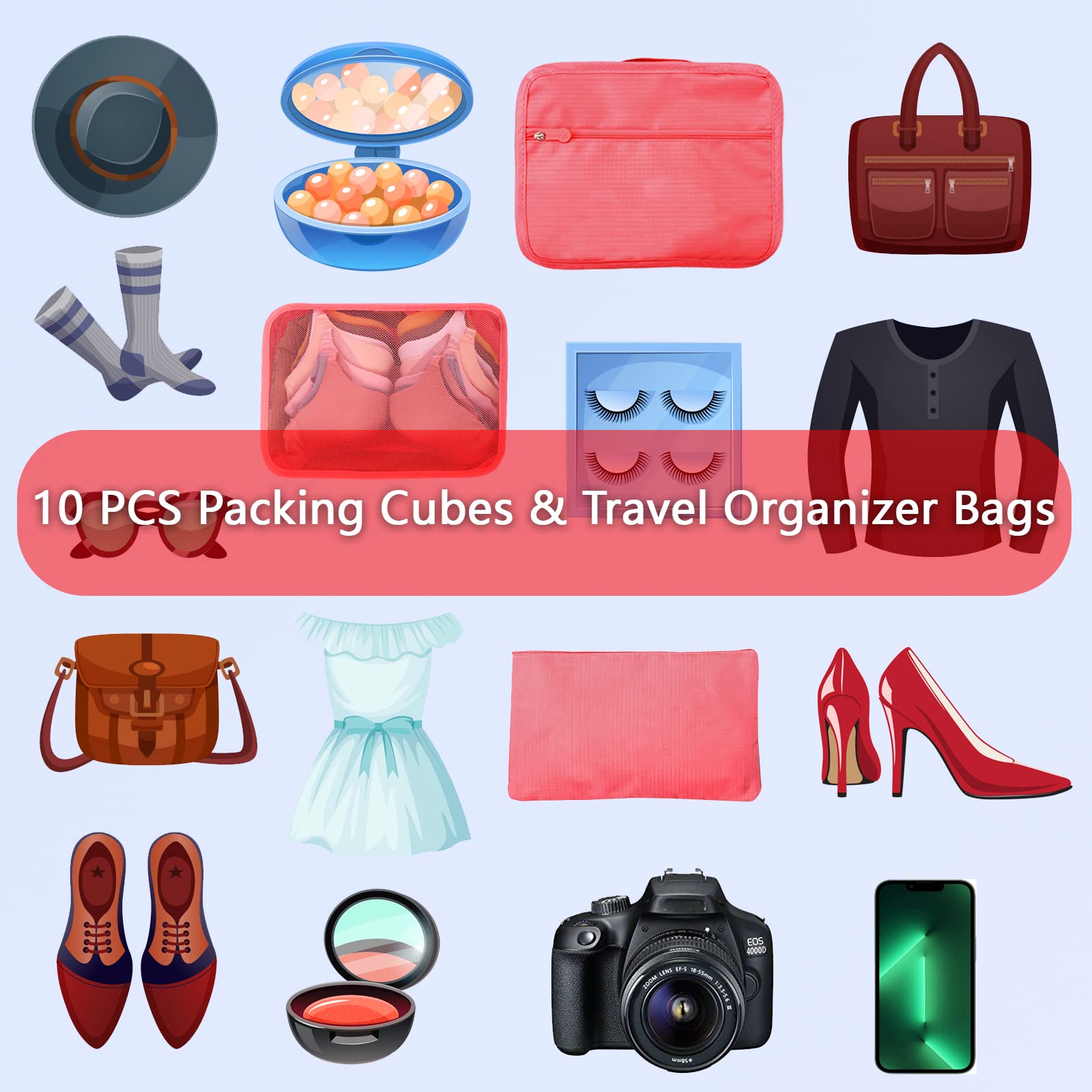 Sciphylia Organizer Valigie Organizer Valigia Set di 10 Borse Organizer da Viaggio Impermeabili Cubi di Imballaggio Viaggio Accessori Utili per Vestiti Cosmetici Scarpe Biancheria Intima Anguria Rossa