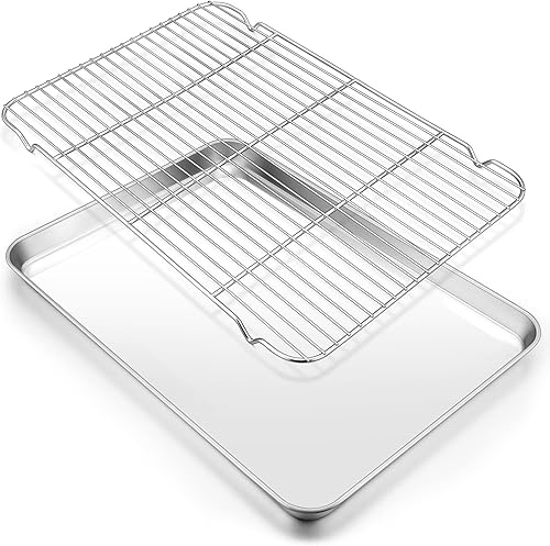 Miniatura 8 de E-far - Juego de bandejas para hornear de acero inoxidable con estante, bandeja para hornear galletas de 12.4 x 9.7 pulgadas para horno, bandeja de