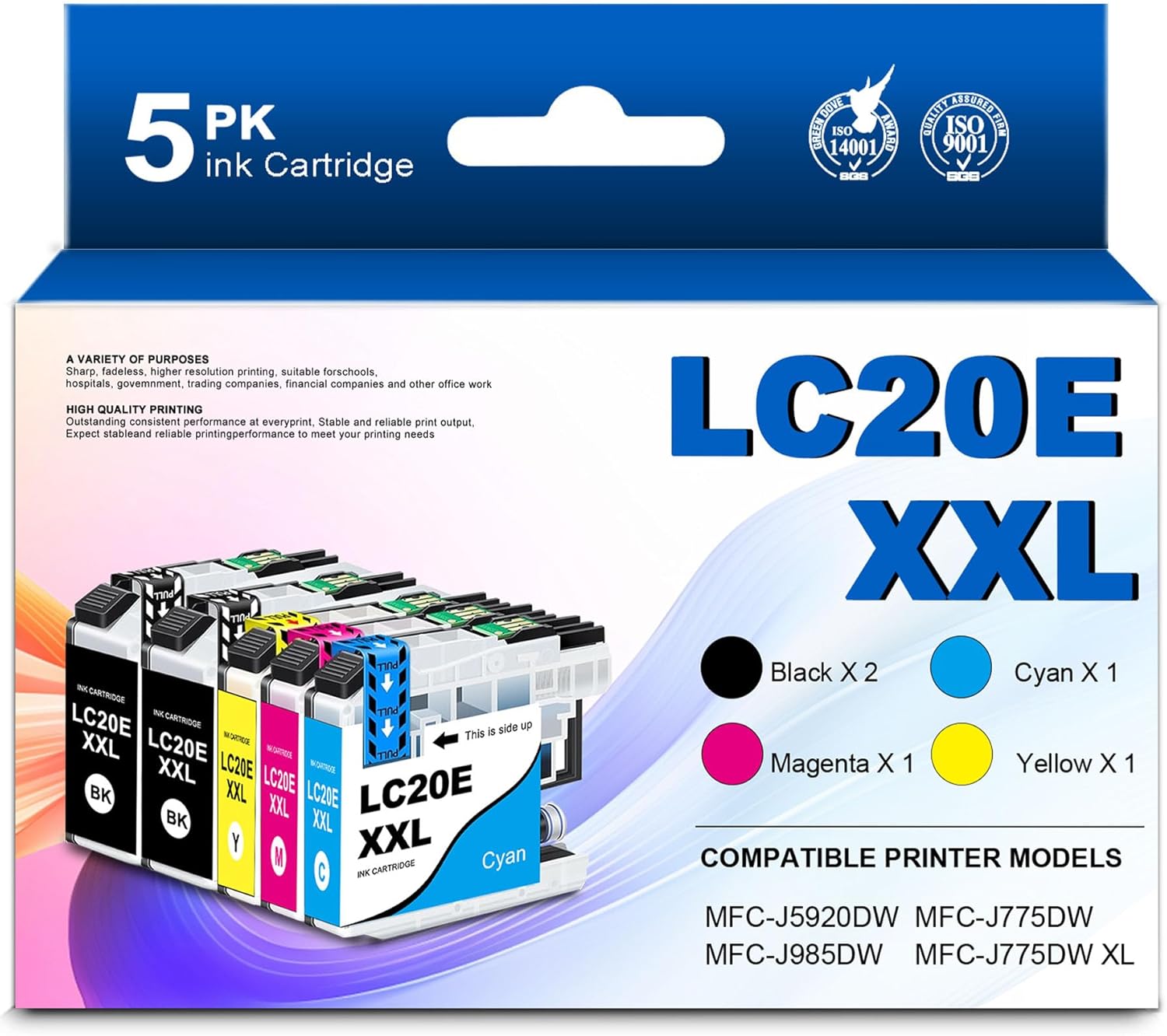 LC20EXXL High Yield Ink Cartridge (5-Pack of LC20E, 2BK/1C/1M/1Y) Replacement for Brother LC20E XXL Ink Work with MFC-J5920DW MFC-J775DW MFC-J775DWXL MFC-J985DW Printer