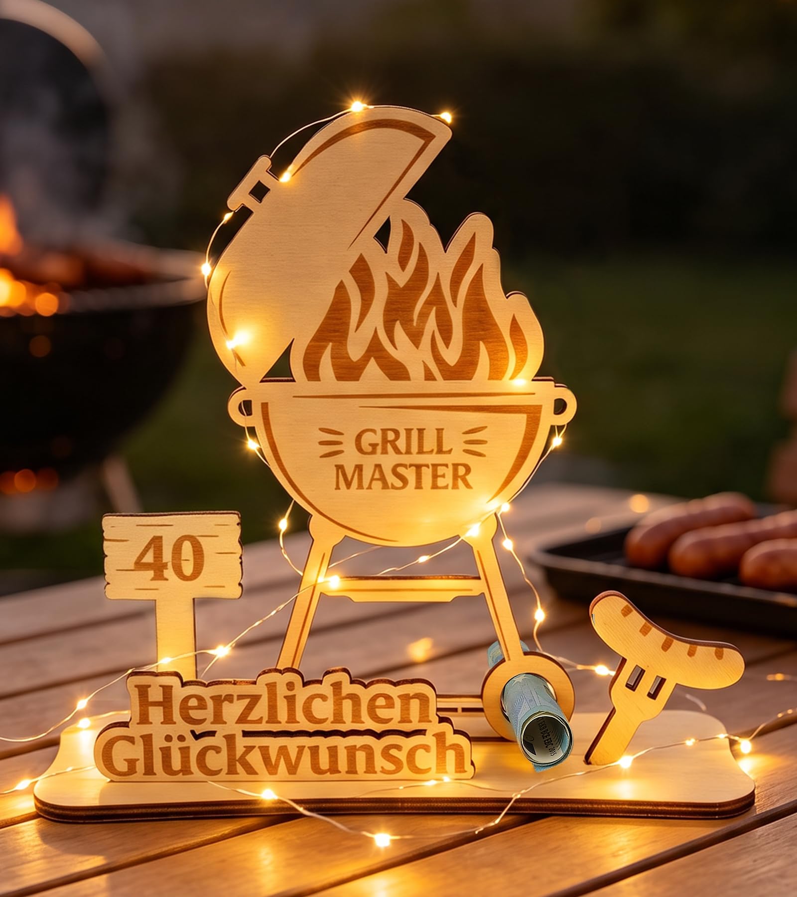 ARTREE Geldgeschenk 40 Geburtstag Grill Master, Kreatives Geldgeschenk für Männer zum 40. Geburtstag, Holz Deko mit LED Lichterkette, Geldschein Geschenkverpackung mit Zellophanfolie