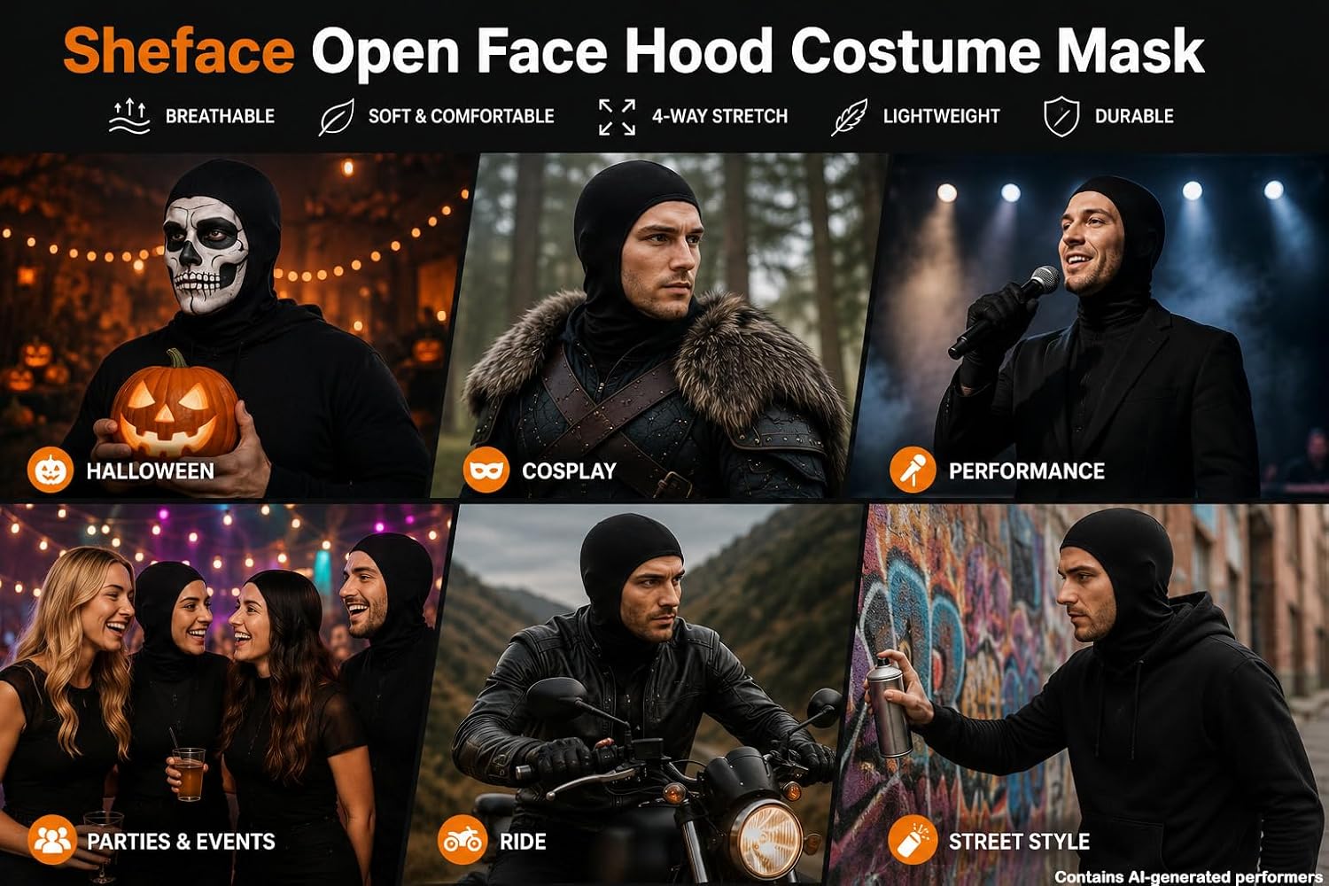 Sheface Men's and Women's Spandex Halloween Cosplay Mask Party Open Face Hood Costume Mask
