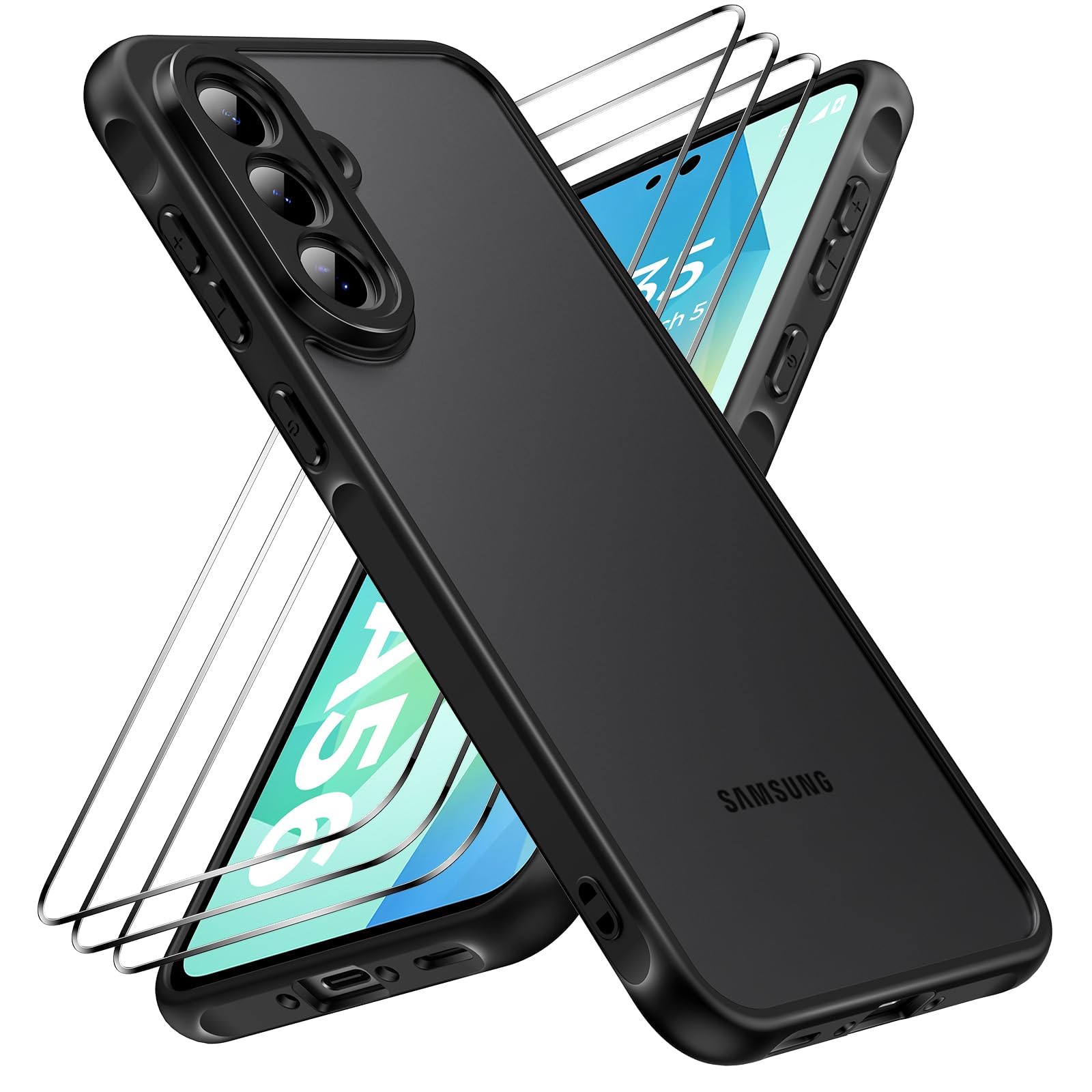 caslord Hülle für Samsung Galaxy A56 5G mit 3 Stück Panzer Schutz Glas, [Kameraschutz] [Stoßfest] Handyhülle, Matt Durchscheinende Rückseite Anti-Fingerabdruck Schutzhülle Case, Schwarz