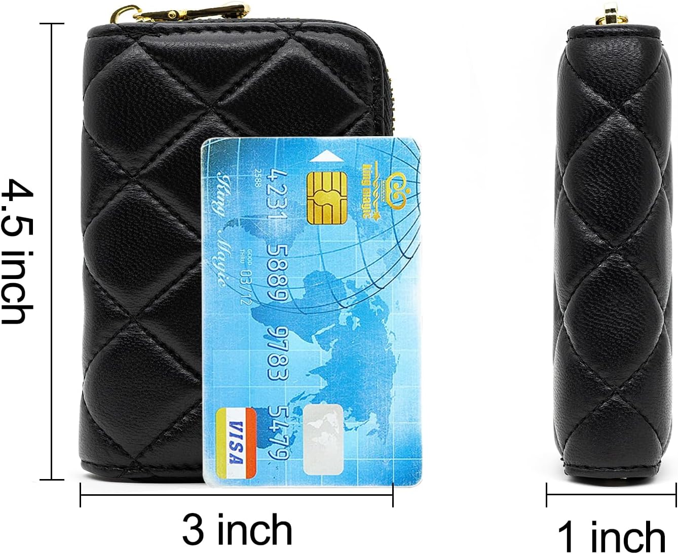 DORIS&JACKY Quilted Leather Credit Card Holder for Women Small Lambskin Zipper Card Case Wallet With 9 Card Slots (1-Black) - Image 2