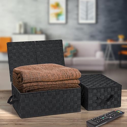 Miniatura 9 de Sorbus Juego de 3 cestas de almacenamiento para organizar con tapa, diseño de malla tejida a mano, organizadores de armario de lino y