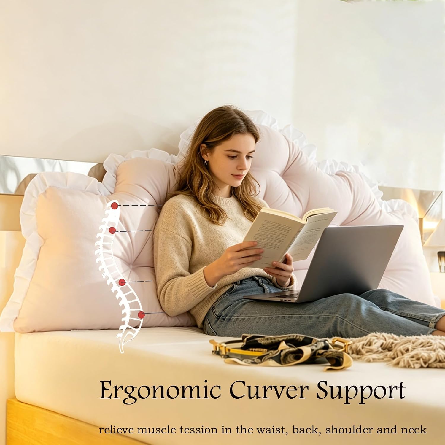 College Dorm Bed Bolster Pillow Long Reading Rectangular Headboard Pillow Backrest Support Cushion for Sitting in Bed Daybed Pillows Soft (Rice Pink, Twin 90cm / 35")