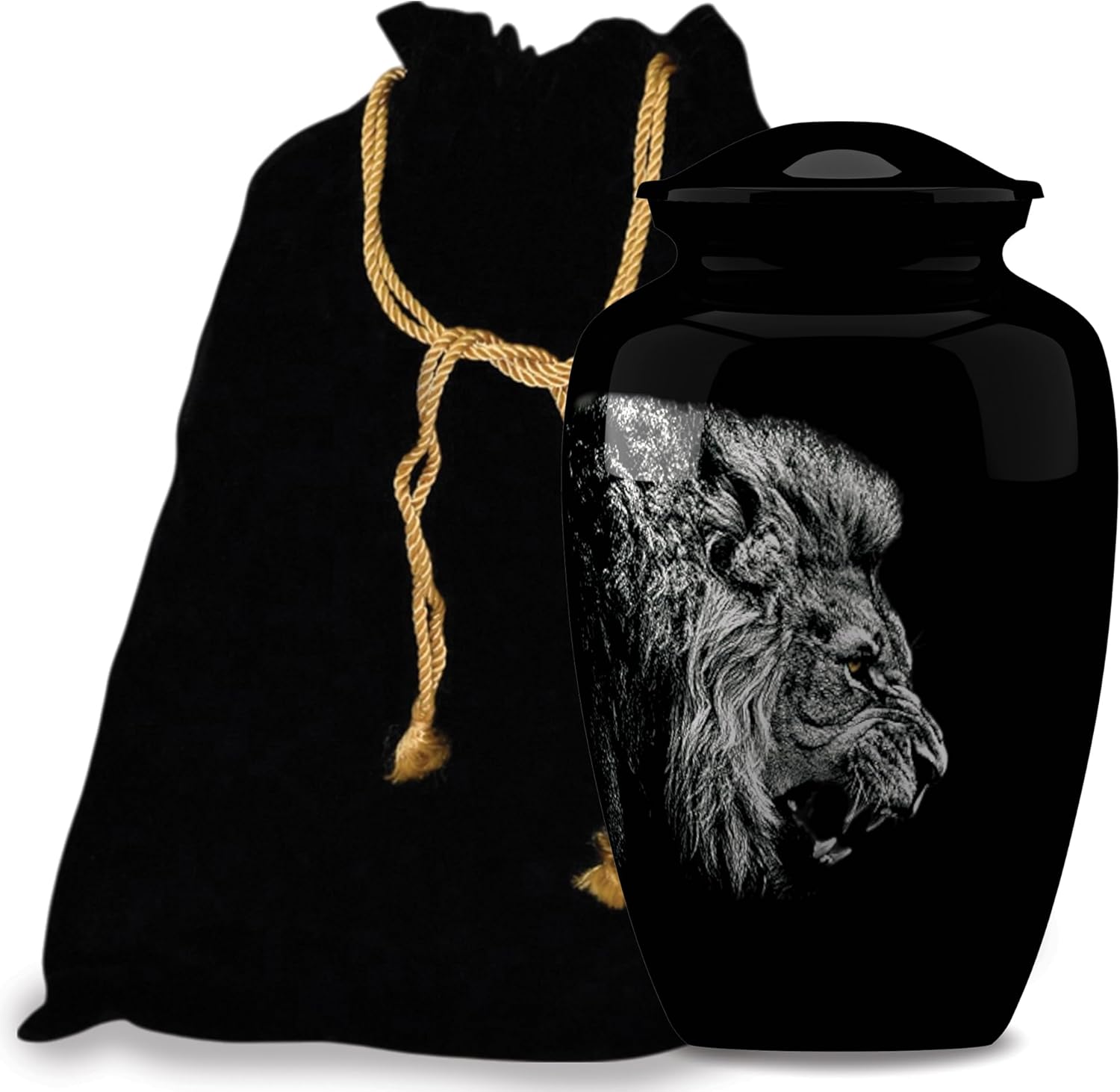 Forever URNS Adult Cremation Funeral Urn with Printed Lion Face Theme for Human Ashes of Female & Male | 200 cu in | Large | Black | Completely Handcrafted with Velvet Protection Bag