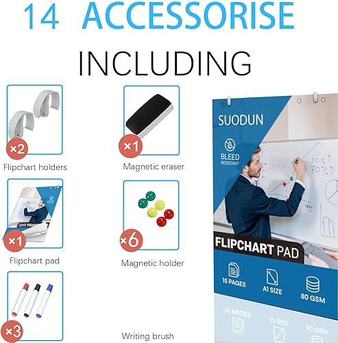 Miniatura 7 de Pizarra blanca móvil elevada de manivela, 48 x 34 pulgadas, portátil, de borrado en seco, con soporte, pizarra blanca de doble cara estilo caballete