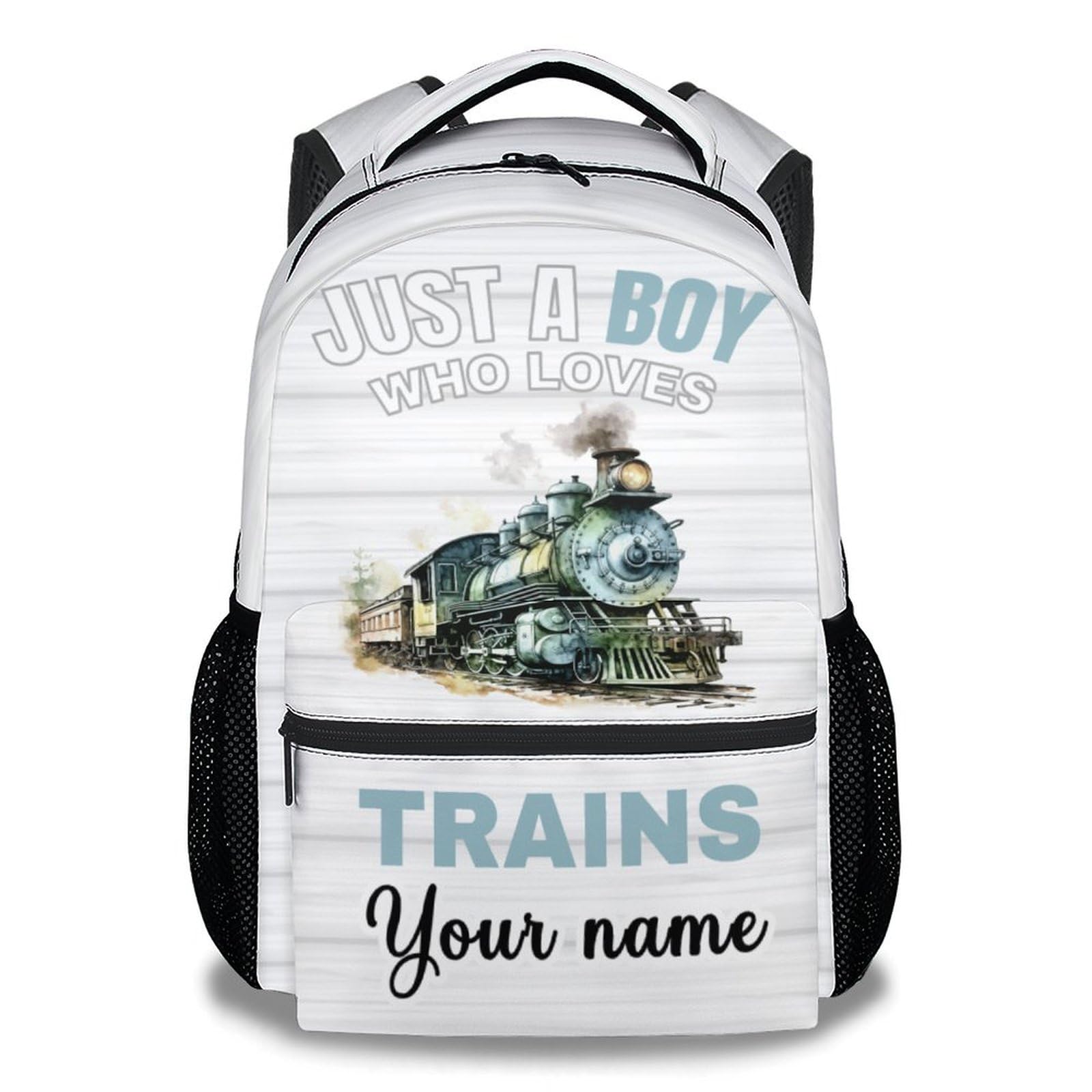 AIOMXZZ Personalized Train School Backpack for Kids, 16 Inch Blue Backpacks for Boys, Cartoon, Durable, Lightweight, Large Capacity Bookbag for Travel