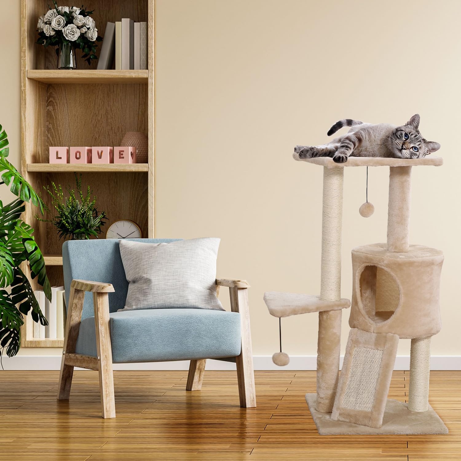 Tiragraffi per Gatti alto 83,5 cm, Graffiatoio in Sisal Casetta con Palline Gioco, Cuccia per Gatti - Toys Beige