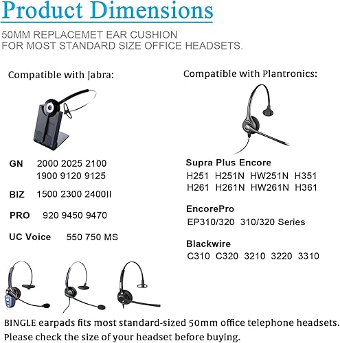 Miniatura 2 de Bingle Almohadillas de repuesto de espuma para auriculares Plantronics Supra Plus Encore y auriculares Jabra GNBizPRO, almohadillas de tamaño