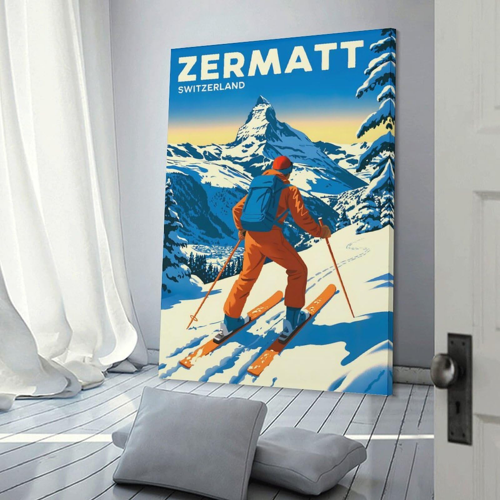 Junmoney Zermatt Switzerland Skiing Vintage Room Decor Wall Art 12x18inch(30x45cm), for Entrance Spaces, Stair Walls Or Halls, A Neat Decor Update for Hallways