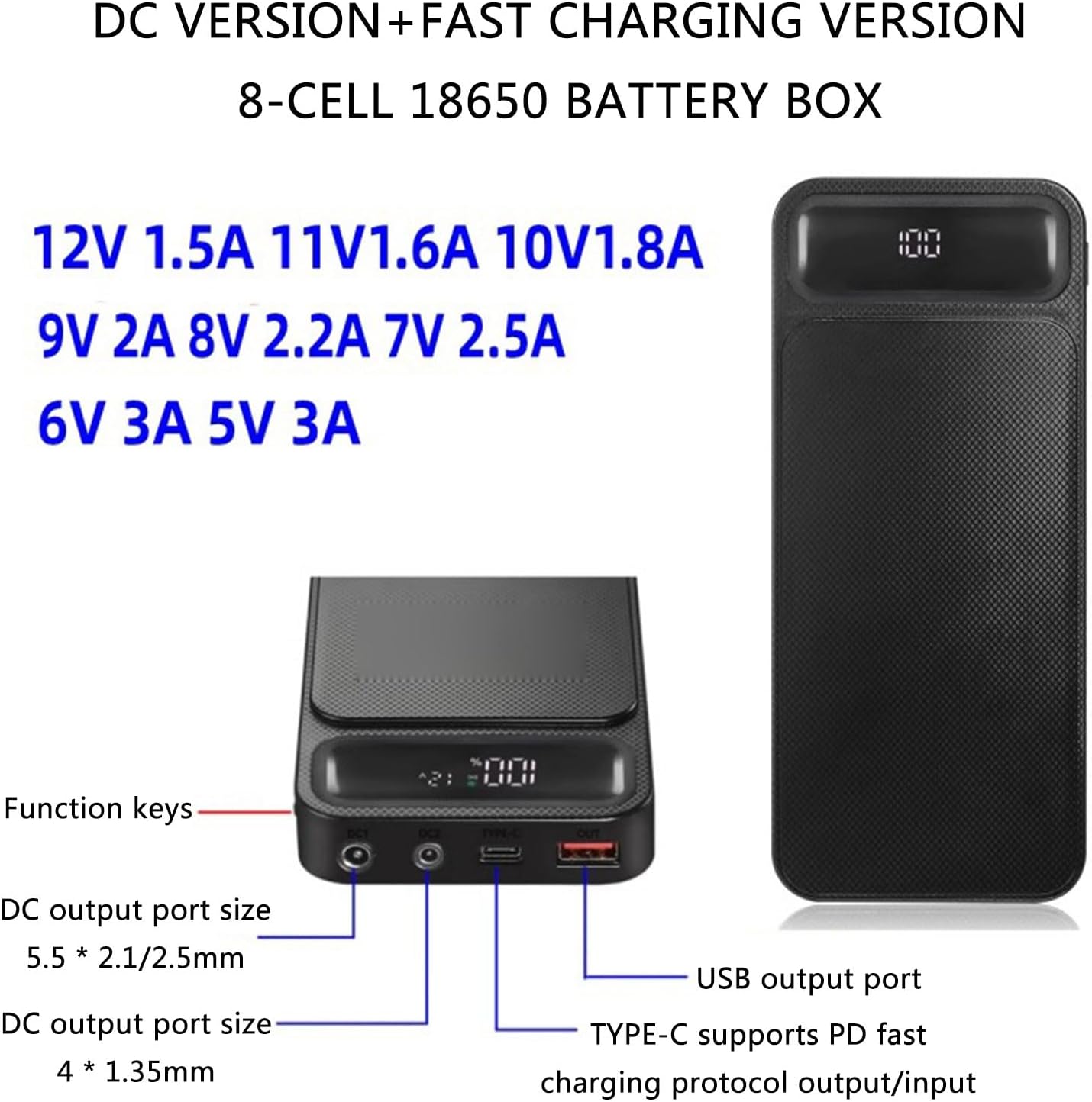 Power Case Battery Charging Case for Cellphone Tablet 8x18650 Battery Holder Charging Box Shell with LCD Display Router Backup Power
