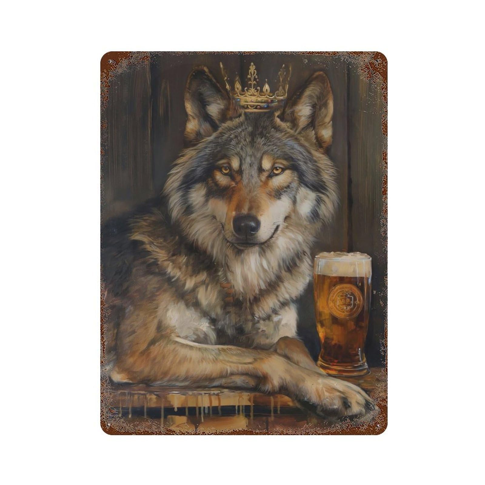 Wolf King Crown Pint Beer Rust Effect Tin Sign 15.7"x11.8", Ideal for Garage, Bar And Workshop Decor