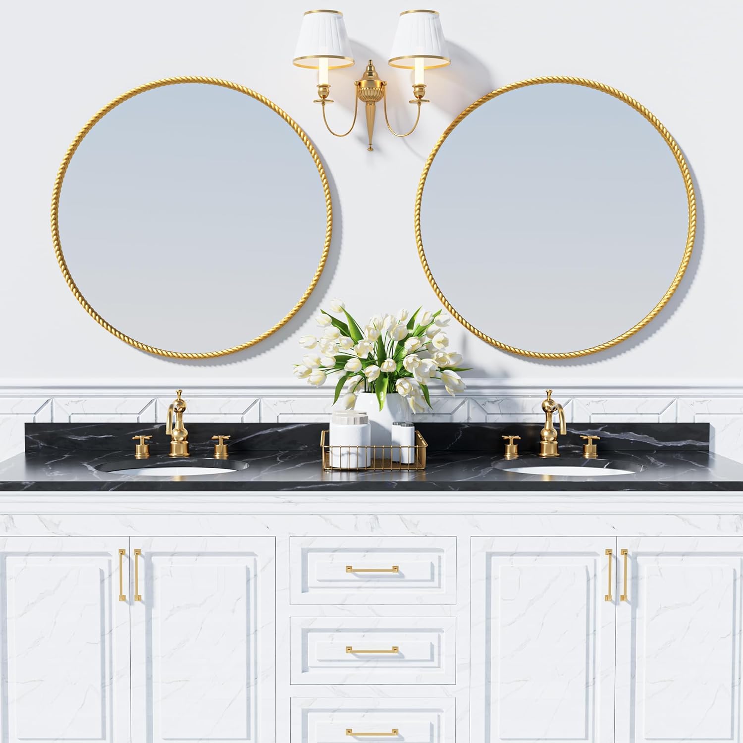PROHOMEWARE Gold Round Bathroom Mirrors, 32 inch Circle Wall Mounted Hanging Mirror for Entryway, Living Room, Hallway, Bathroom, Bedroom