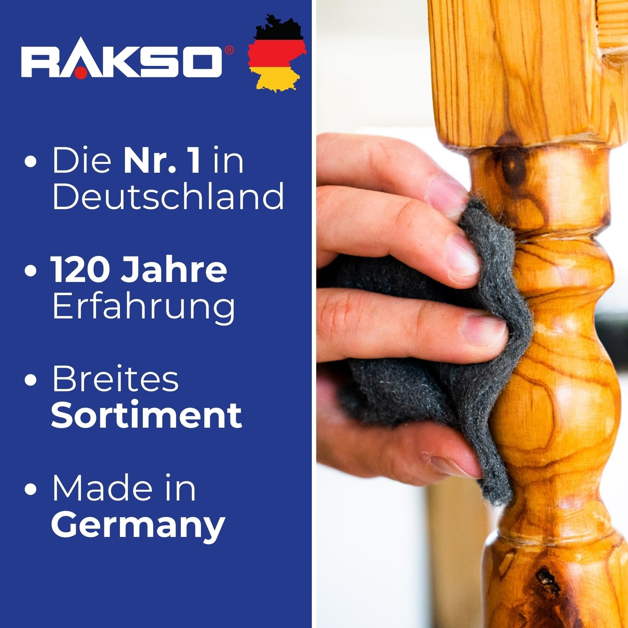 RAKSO Stahlwolle mittel 1-4,8 kg, 24 Banderolen à 200g, glättet Holzoberflächen, entfernt alten Lack v. Antikmöbeln, säubert Hartgummiböden