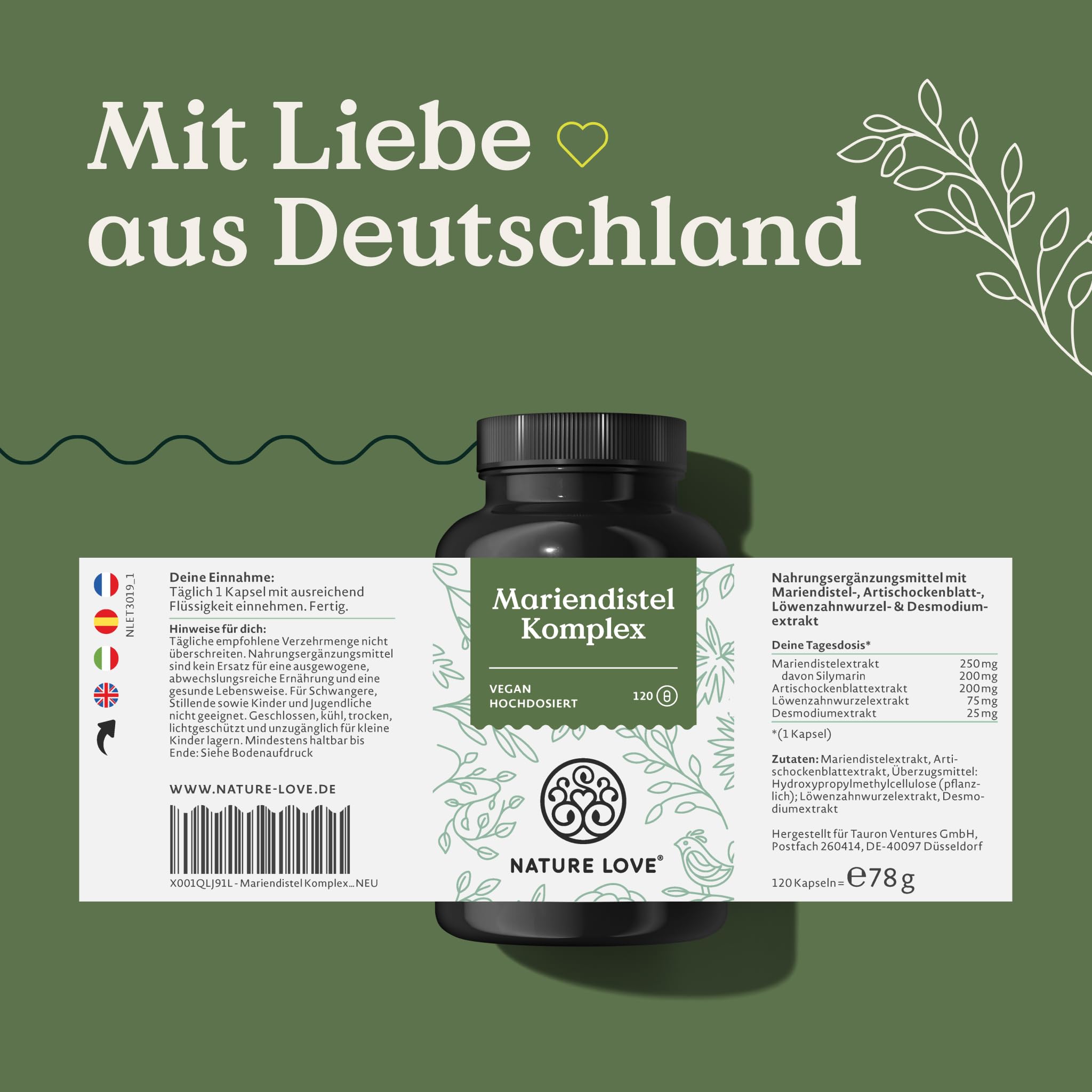 NATURE LOVE® Mariendistel, Artischockenextrakt, Löwenzahn & Desmodium 4-fach Komplex - 120 vegane Kapseln - Hochdosiert mit 80% Silymarin - Laborgerprüft, hochdosiert, in Deutschland produziert