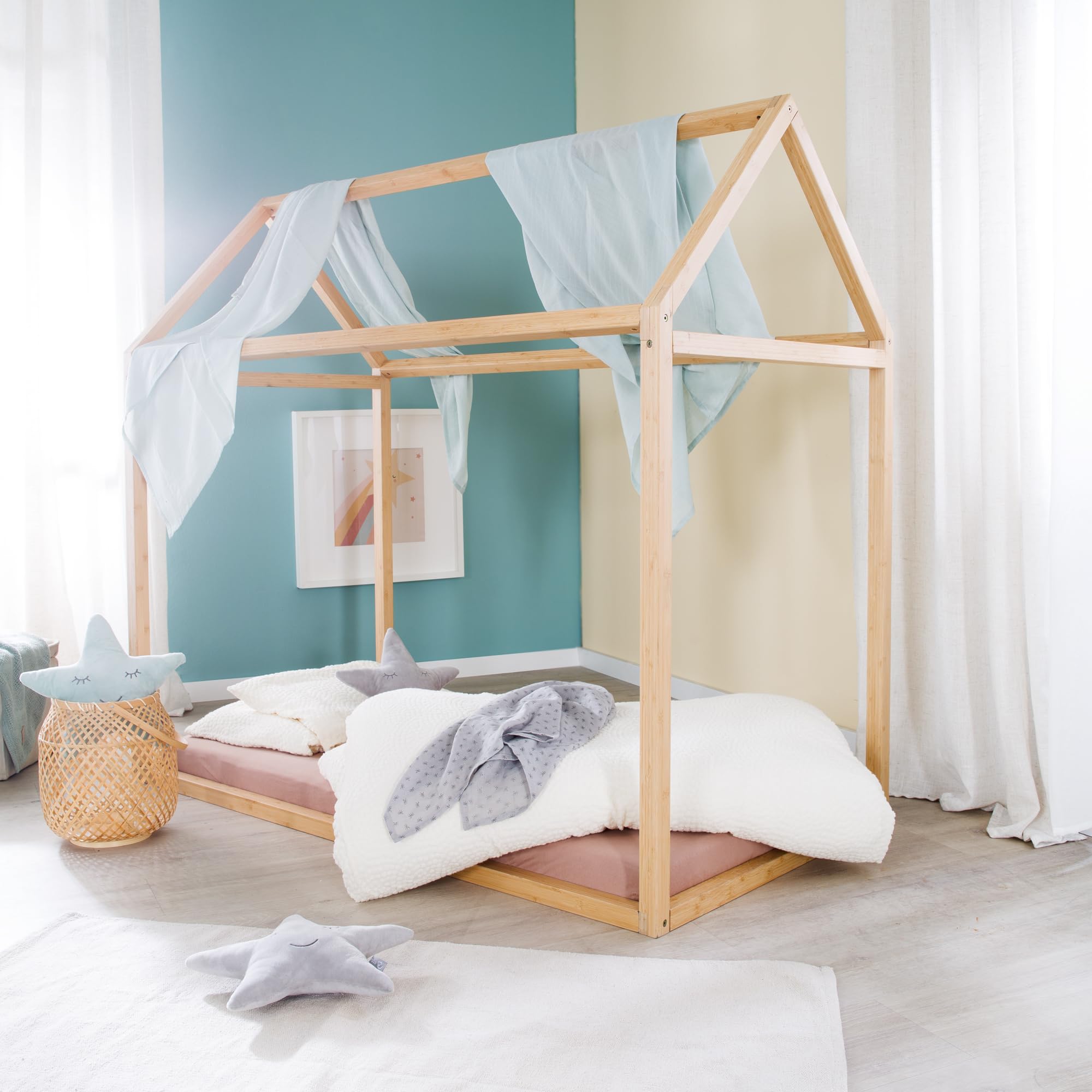 roba Hausbett Montessori 70 x 140 cm - Kinderbett aus FSC zertifiziertem Massivholz - Bambus natur
