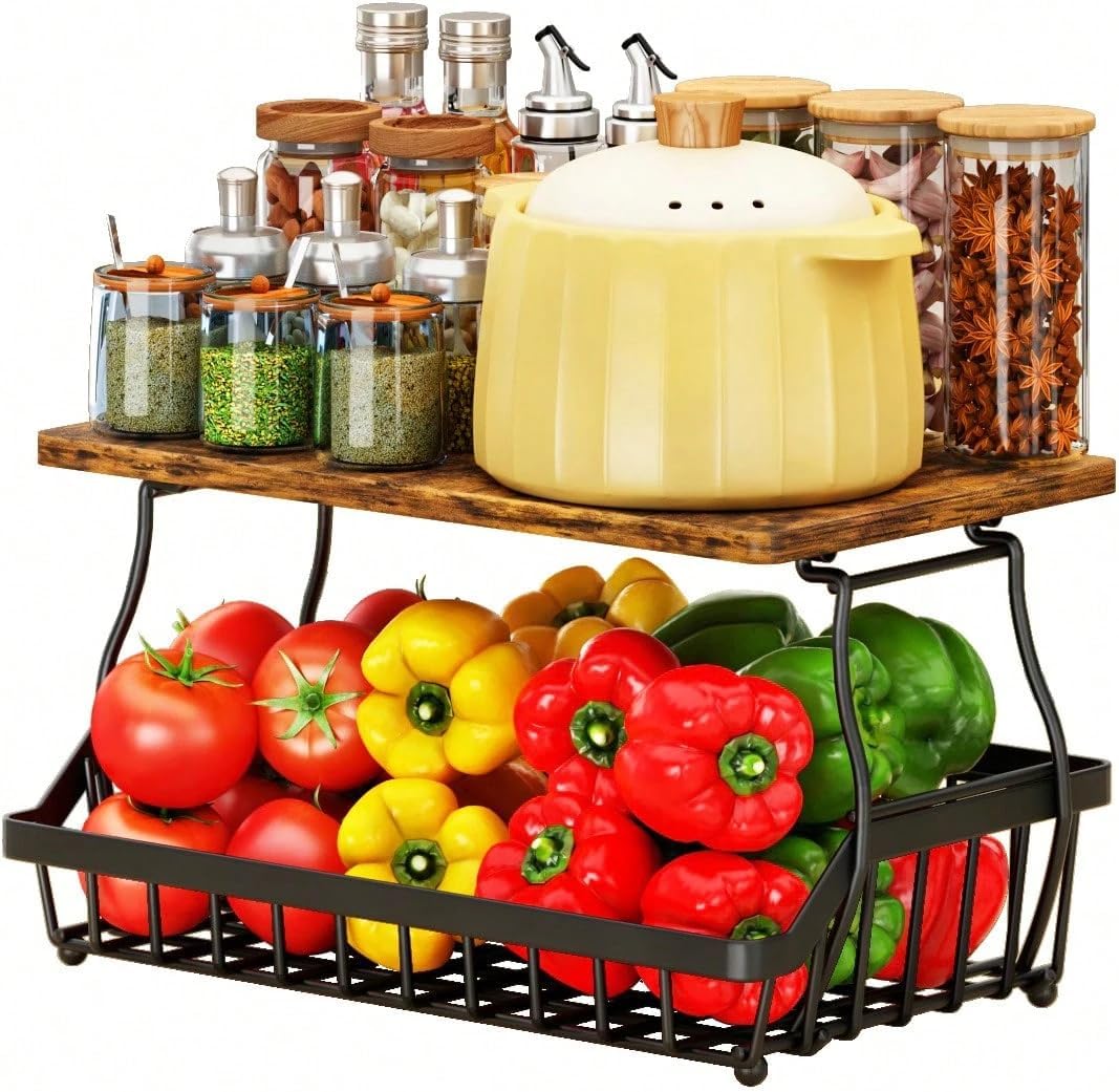 2-Tier Kitchen Counter Organizer, Black Metal Fruit Basket with Wooden Top Shelf, Storage Rack for Vegetables, Produce, Spices