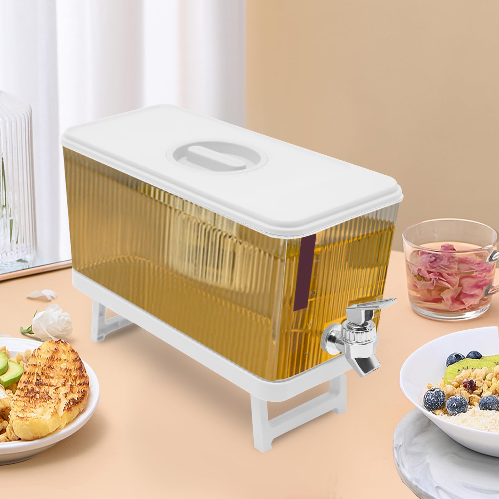 Water Juice Drink Dispenser for Fridge, 4.5L Plastic Drink Dispenser with Spigot, Water Drink Beverage Dispenser Containers with Lids, Foldable Stand Base, -20~120°C, Modern (White)