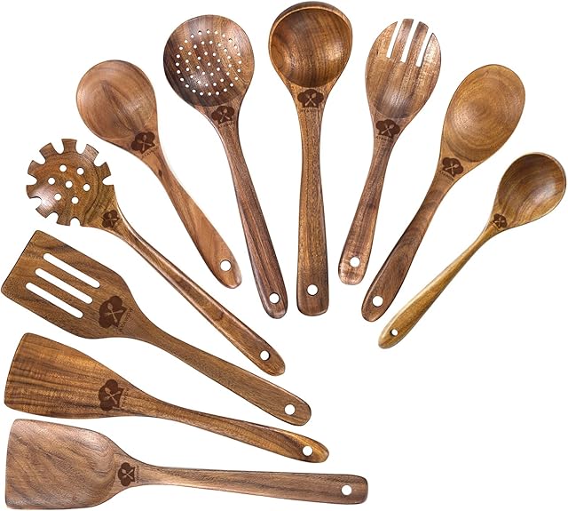 Wooden Kitchen Utensil Set, 10 Pack Wooden Spoon Set,Teak Wooden Utensil Set for Non Stick Cooking Utensils Set,Handmade Kitchen Utensils Set Wood Spatula Set
