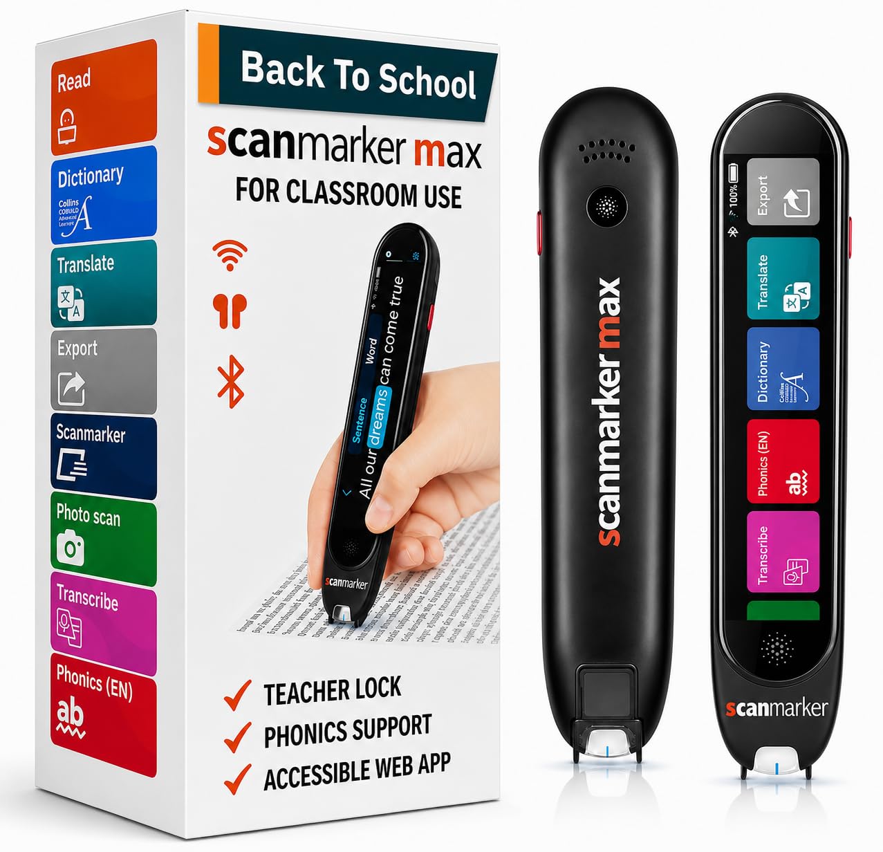 Scanmarker Max Back to School Teacher Supplies Reading Pen – Designed for Classroom Support with Phonics Assistance, Lock Function and Assistive Web App