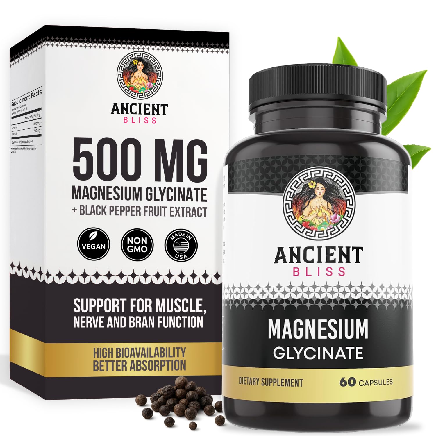 Ancient Bliss Magnesium Glycinate for Muscles & Nerves, Digestive & Immune Support Supplement, Magnesium Supplement for Women & Men (60 Capsules)