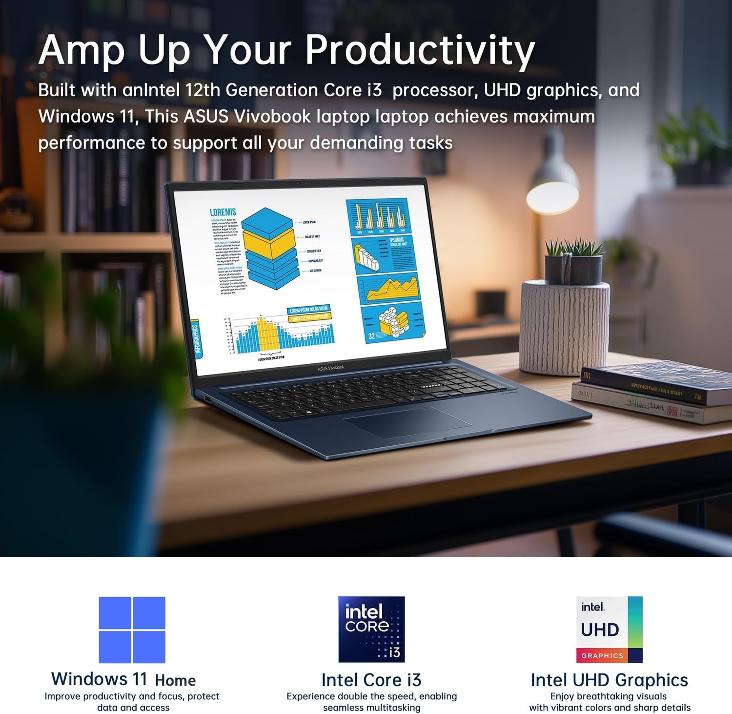 ASUS Vivobook Laptop,17.3" FHD Anti-Glare Display, 16GB RAM, 512GB SSD + 128GB Portable SSD, Core i3-1215U(up to 4.4GHz), WiFi 6E, Webcam, Keypad, 3-in-1 External Storage Bundle, Win 11, Quiet Blue 16GB RAM | 512GB SSD Win 11 Home image 4 of 9 B0F3FQ99DL