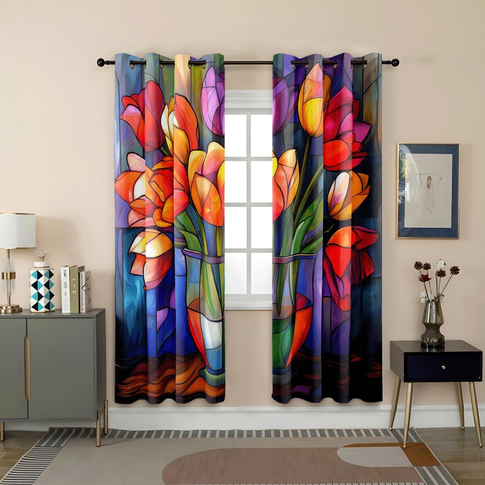 Vorhänge Rote Gelbe Blumen Vorhang Blickdicht Polyester Gardinen mit ösen Thermovorhang 2er Pack Curtains Living Room Schlafzimmer Waschbar Verdunkelungsvorhang (2x110x215 cm)