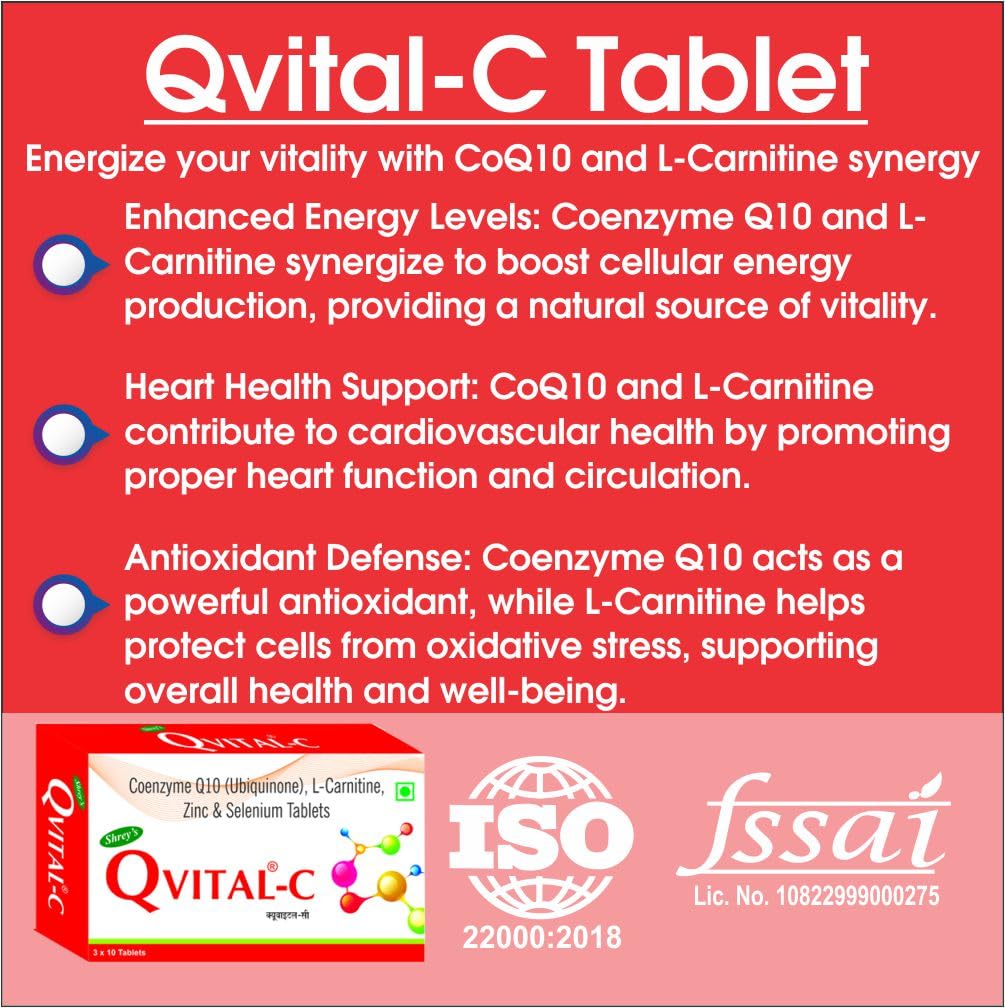 l carnitine and selenium Shrey's Qvital-C, Coenzyme Q10, L-Carnitine, Zinc, Selenium - 60 Tablets  (Heart Health & Energy Metabolism) - Pack of 2: Buy Online at Best Price in  UAE