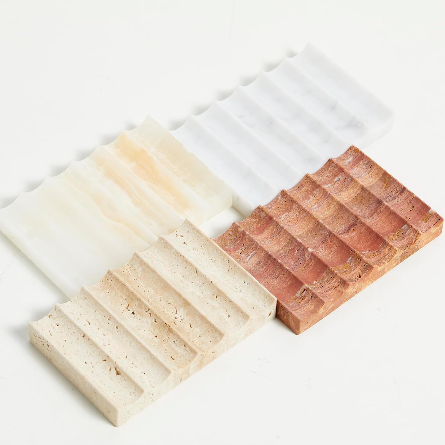 Luxurious Marble Soap Dish Jewelry Ring Tray - Rectangle Stone Soap Tray & Saver for Shower – Self Draining Soap Holder for Bathroom, Kitchen, Red Travertine