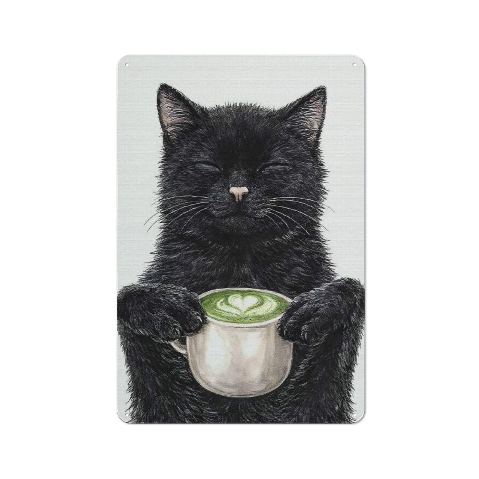 Junmoney Style-19 Black Cat Holding Matcha Latte Retro Metal Sign 30X20cm, Distressed Look Retro Room Decor For Living Room, Hallway, Kitchen Or Cafe