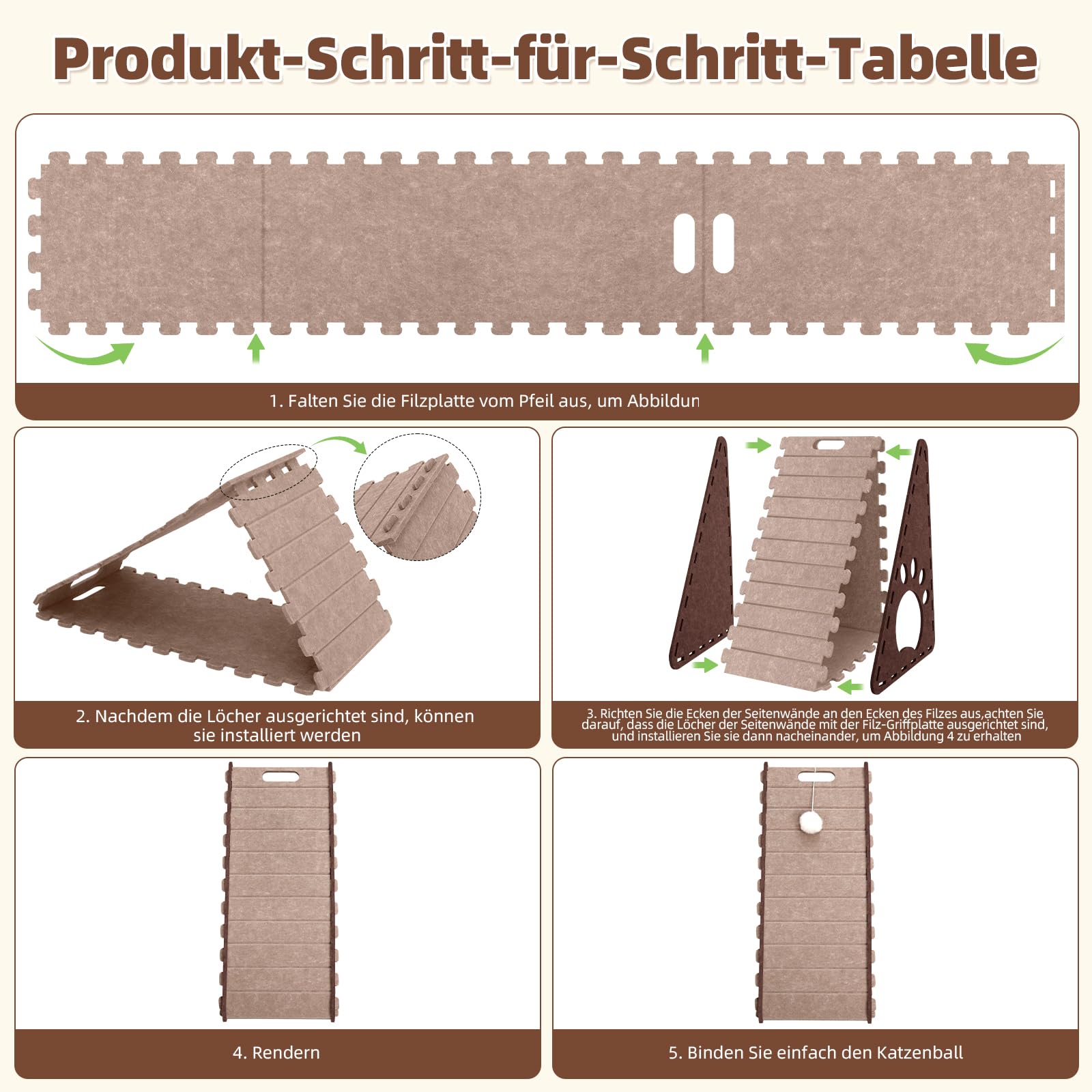 Mittimiya 3-in-1 Filz Kratzbrett Katze, 63 cm Hohe Dreieck kratzbretter Katze mit Ballspielzeug, für Katzen Kratzen Spielen Ausruhen(Braun)