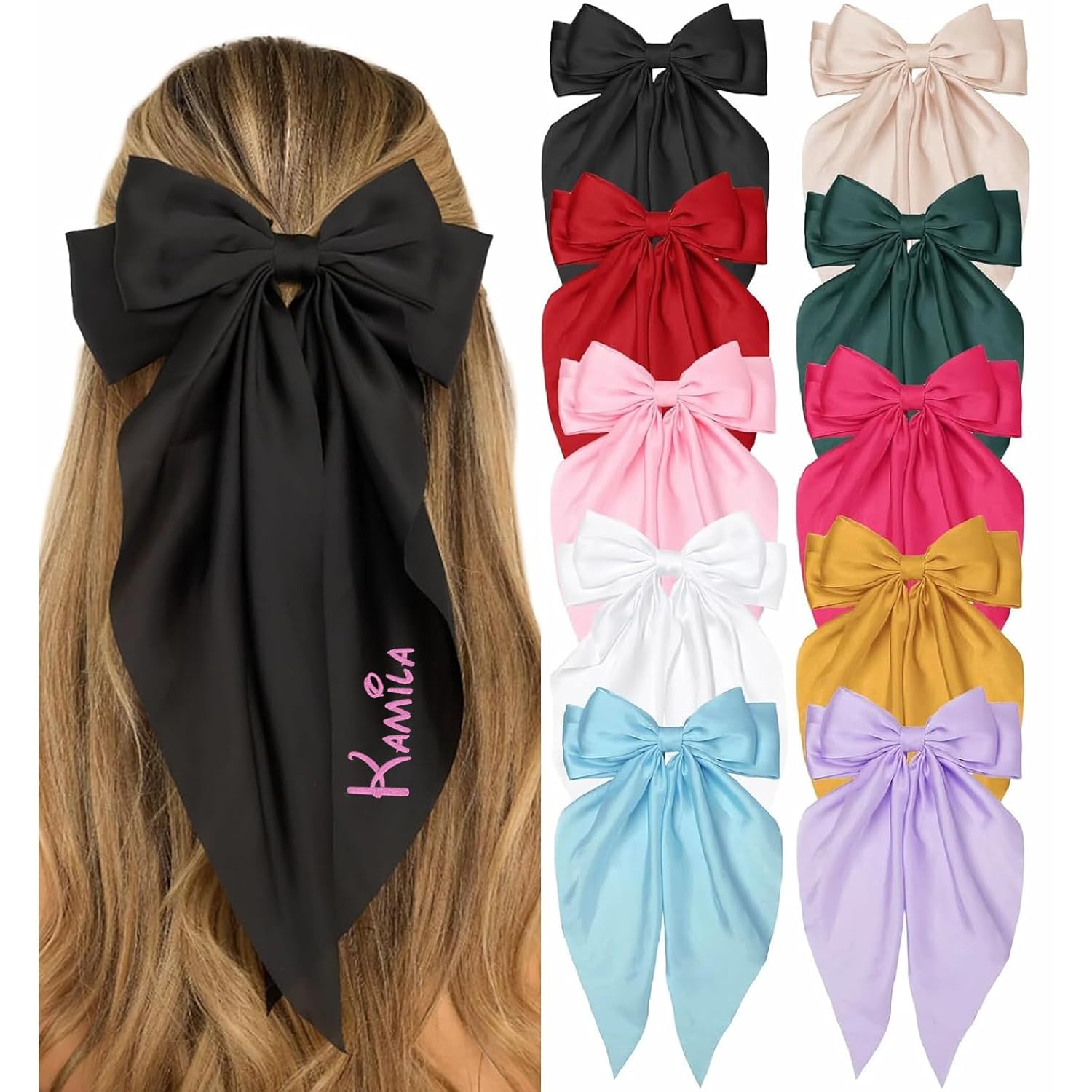 Custom Hair Bows with Embroidered Name,Silky Satin Hair Bows for Women Girls,Ribbon Bows for Hair, Big Bow Hair Clips with Long Tail,Cute Hair Accessories Gifts,Wedding Bridesmaid Gift (10pcs)