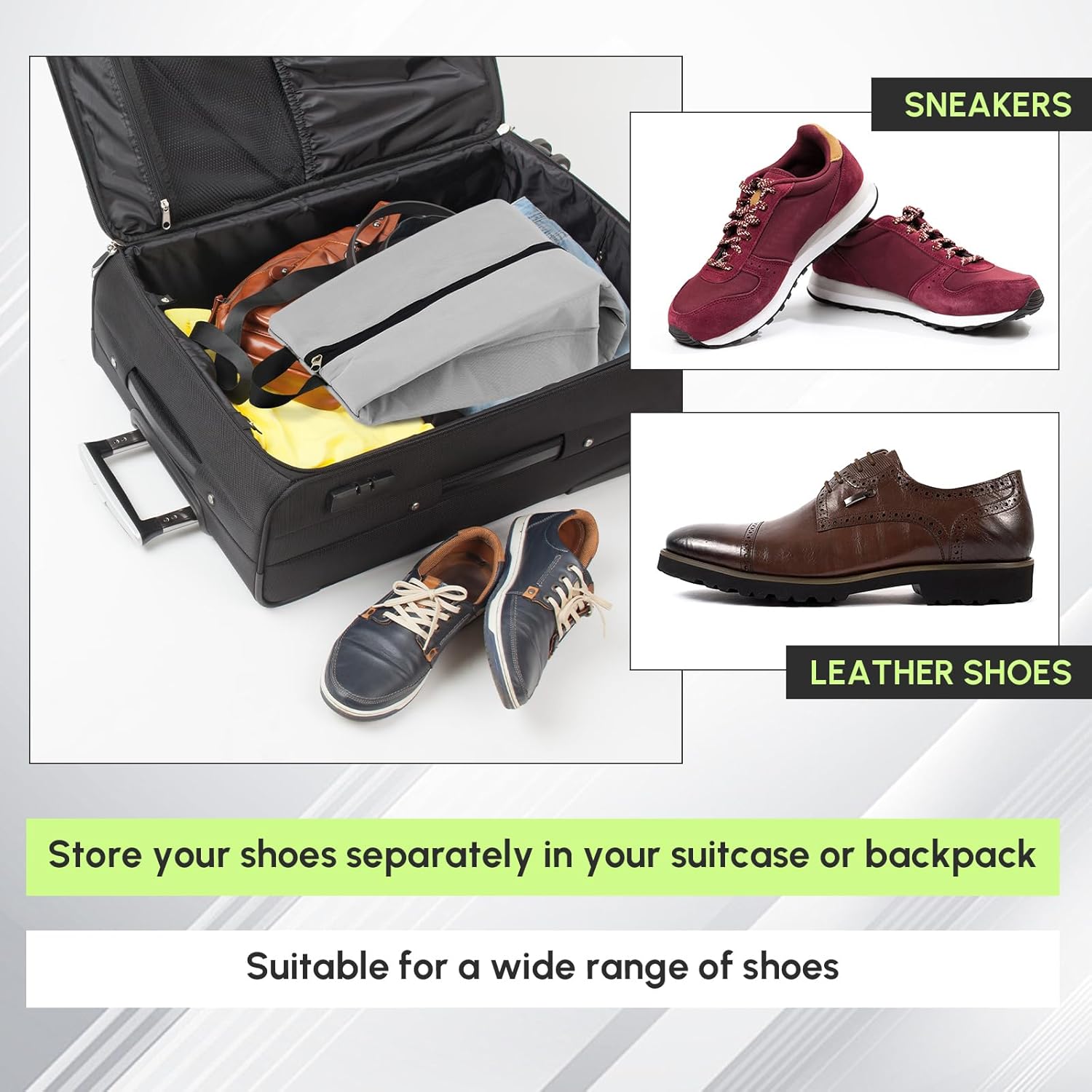 2 Pack Smell Proof Shoe Cleat Bag for Travel Water-resistant Odor Absorbing Lightweight Golf Soccer Shoe Storage Organizer Pouch with Zipper Dust-proof for Gym Sports Work (Black, Light Grey) - Image 7