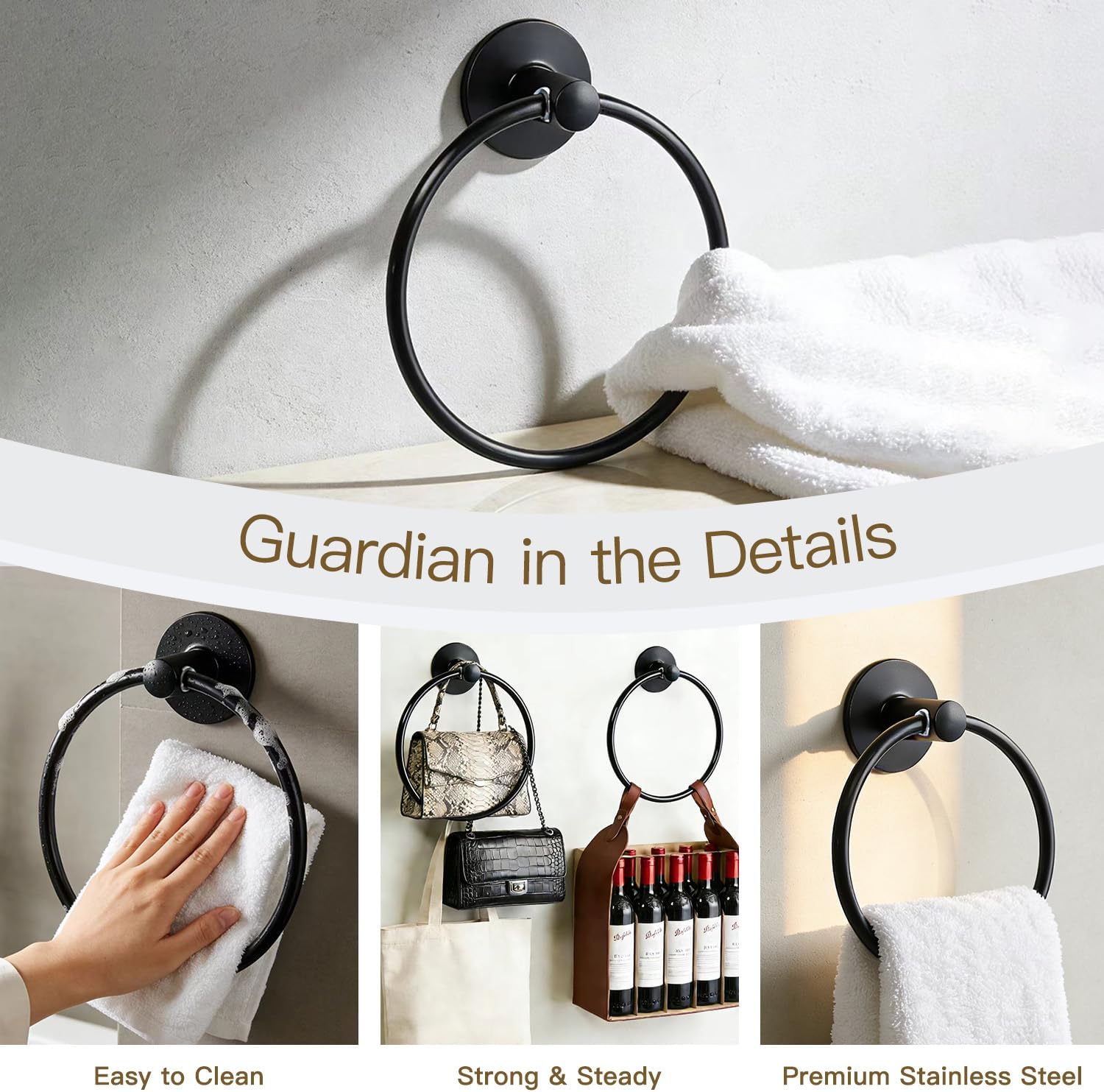 Adhesive Towel Ring Self Adhesive Hand Towel Ring Stainless Steel Rustproof Bathroom Towel Holder Wall Mount SUS 304 Stainless Steel Matte Black,Bathroom Hand Towel Holder image 4