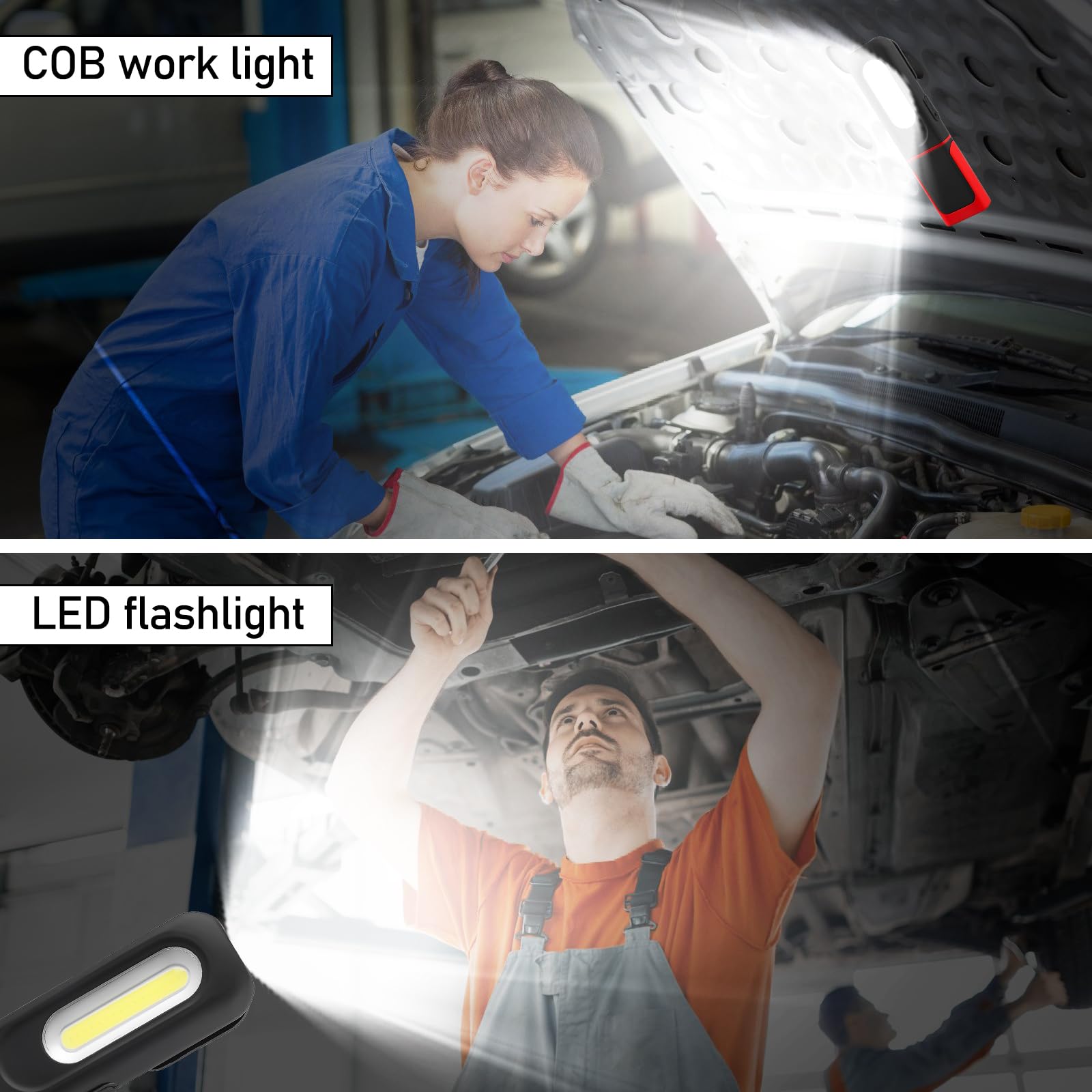 2 lampade da lavoro a LED, batteria da 1200 mAh, COB da officina con gancio e base magnetica, 3 modalità di luce da 5 W, torcia LED ricaricabile, torcia da officina con funzione girevole a 360°, per