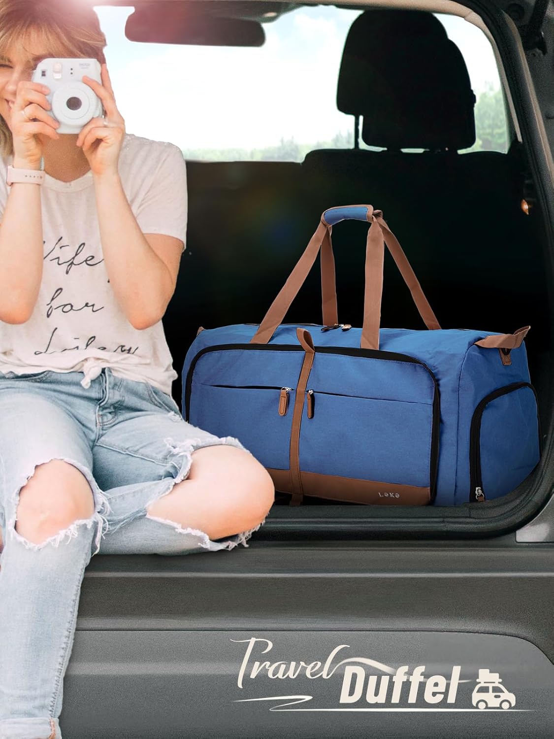 Lekesky Foldable Travel Duffel Bag for Women, 80L Large Duffle Bag with Separate Shoes Compartments & Straps, Carry On Weekend Bag for Women, Hospital, Overnight(Navy Blue) - Image 2