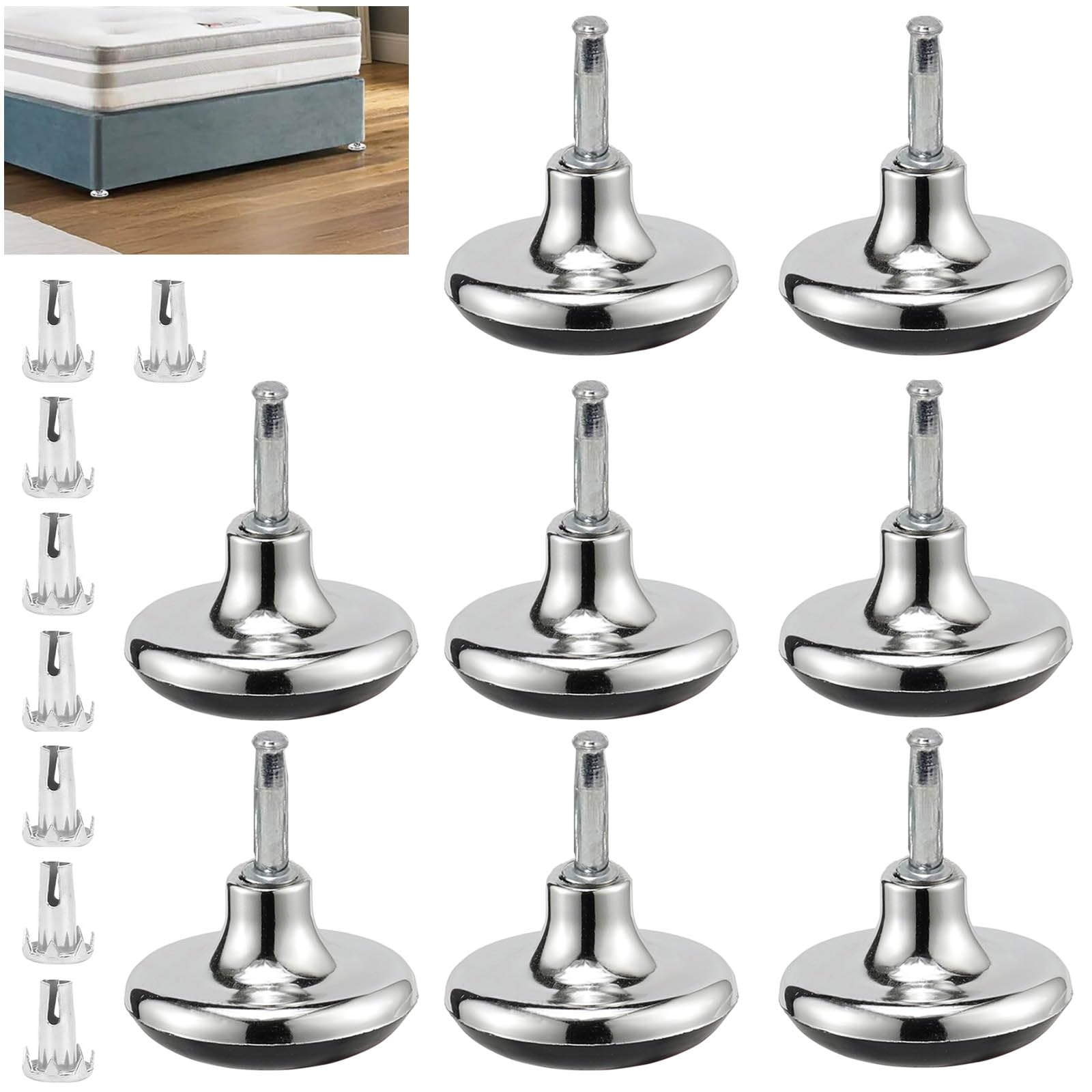 SVUPUE Chrome Feet Leg Castors Gliders, 8 PCS Feet Bed Legs Glides Castor with Metal Inserts, Furniture Legs Bed Castors Gliders, Mushroom shape Castors Gliders, Furniture & Bed Foot Fittings Fixings