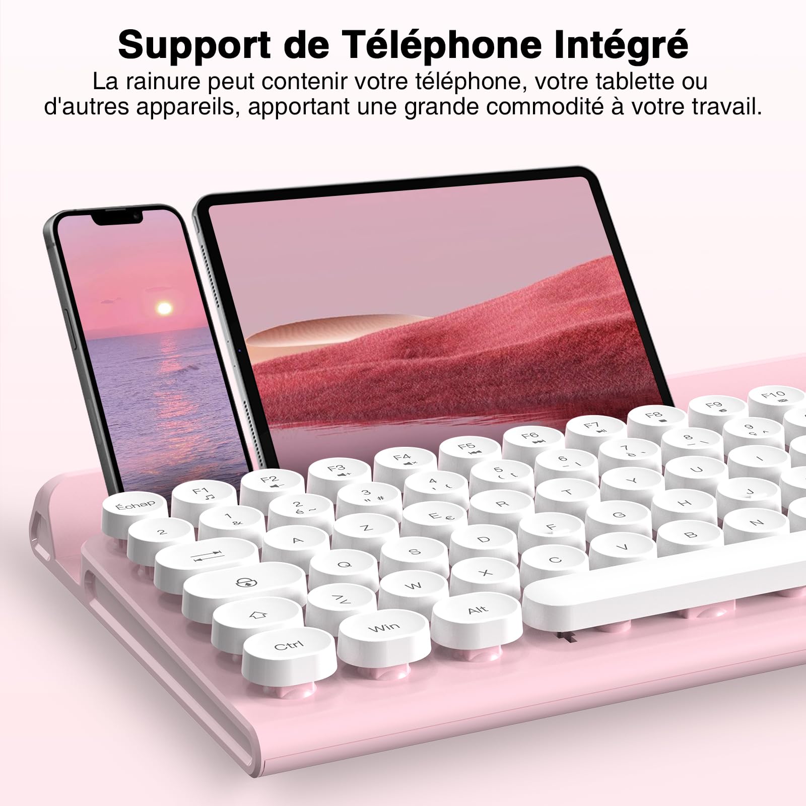 RaceGT Clavier Souris sans Fil 2.4GHz USB-A, Silencieux, Ergonomique | Clavier sans Fil AZERTY Français, 12 Raccourcis, 1600 DPI, Portable, pour PC/Laptop/Windows/MacOS, Bureau-Rosa