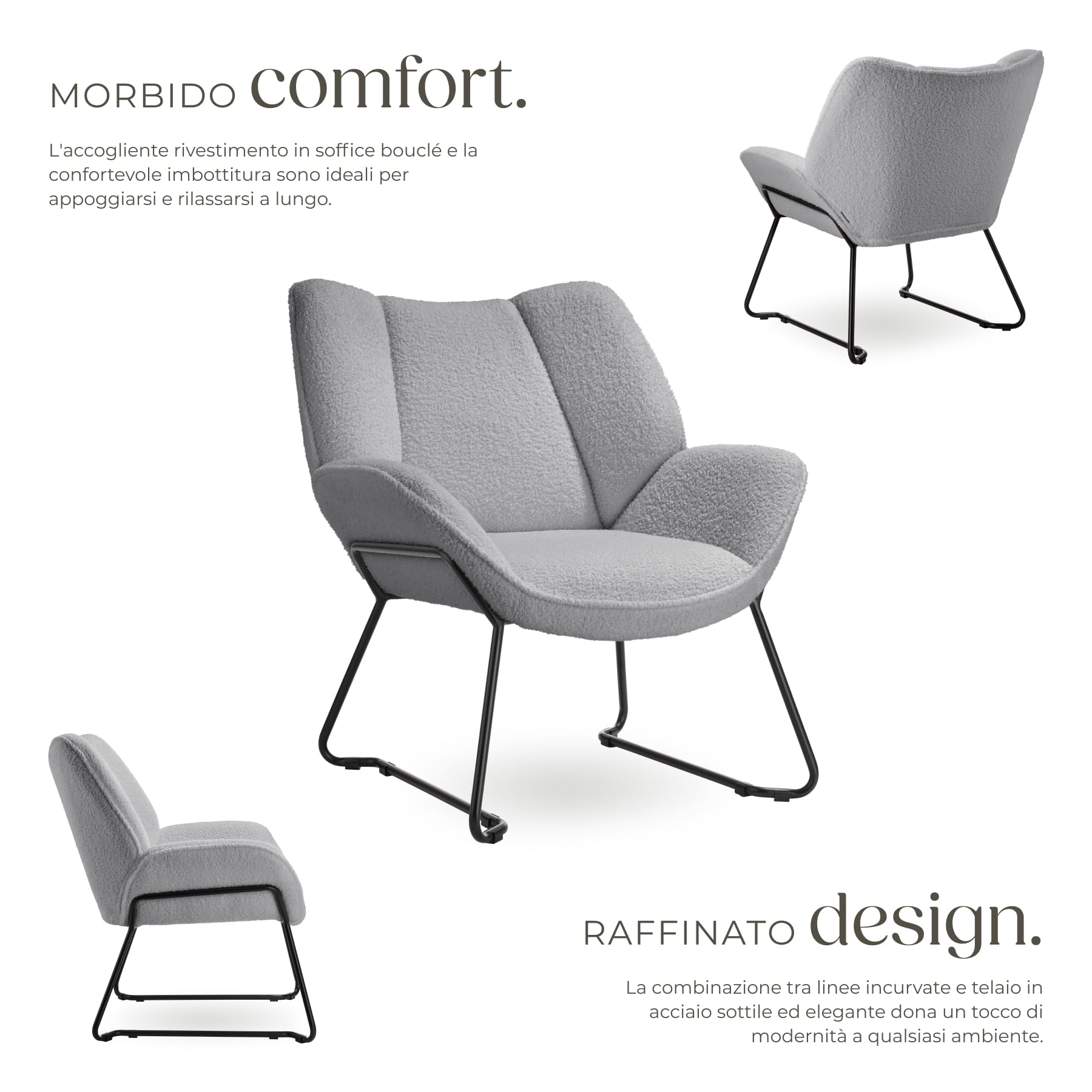 tectake® Poltroncina in Stile Scandinavo, Poltrona Camera da Letto Tessuto Bouclé, Sedia Ergonomica con Telaio in Acciaio, Sedia Cucina Antiscivolo, Carico Max. 120Kg - Grigio Chiaro