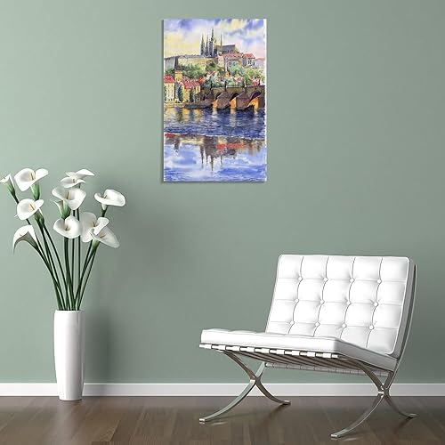 Miniatura 5 de Pintura de paisaje urbano de acuarela, pintura de castillo de Praga, póster decorativo de pared, arte de pared, lienzo, decoración de pared,