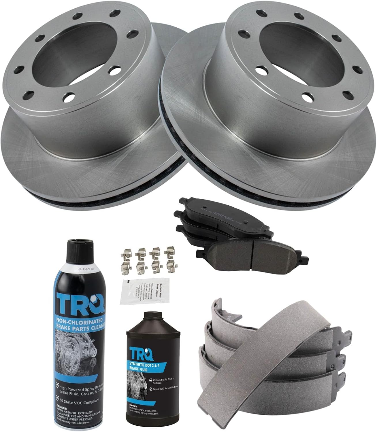 TRQ Rear Brake Pad & Rotor Kit Brake Chemical Kit Brake Pads Brake Rotor Parking Brake Shoe Set Semi-Metallic Compatible with 2005-2007 Ford F-250 Super Duty F-350 Super Duty