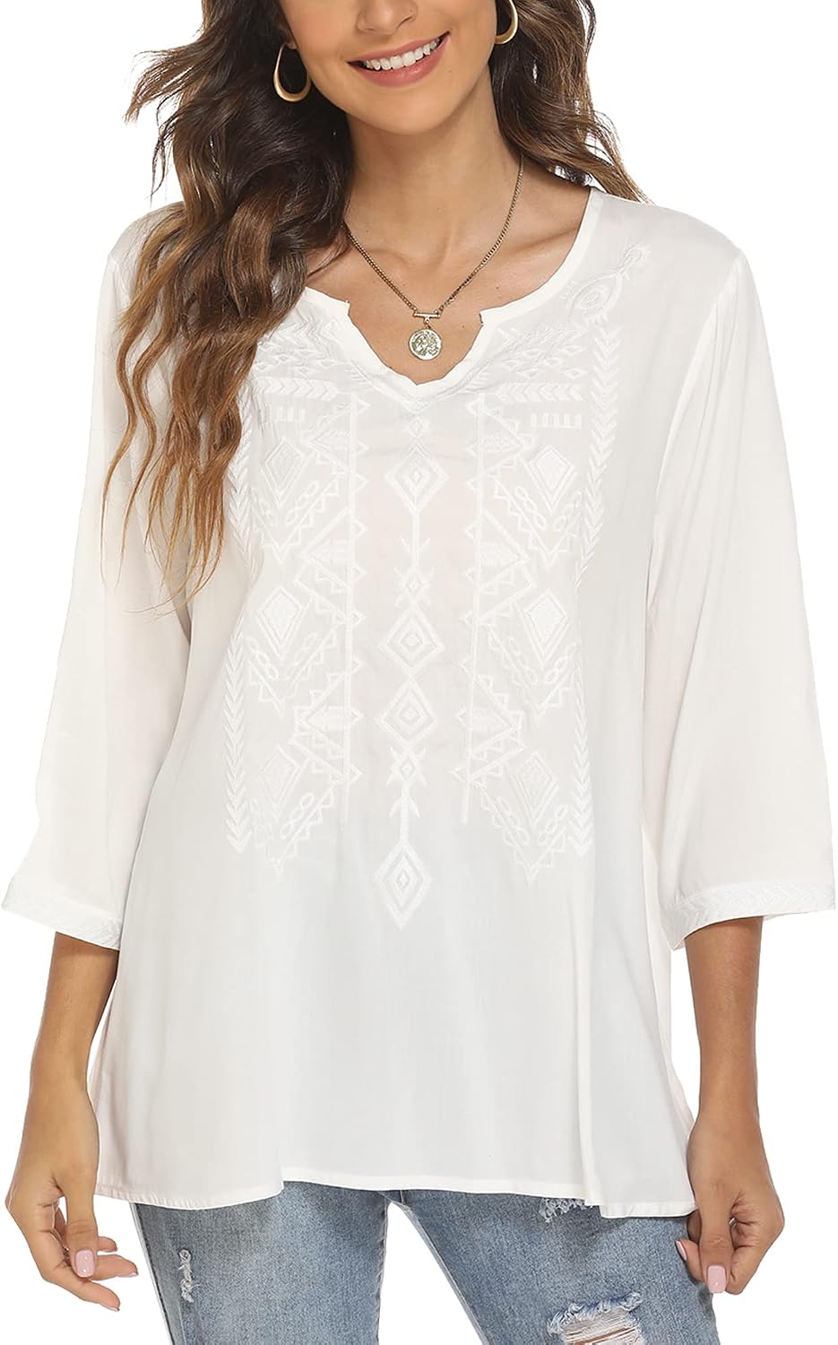 Grosy Women's Embroidered Plain Tunic Tops for Summer Fall Spring, Simple Elegant Dressy Blouse Casual Embroidery Solid Shirt