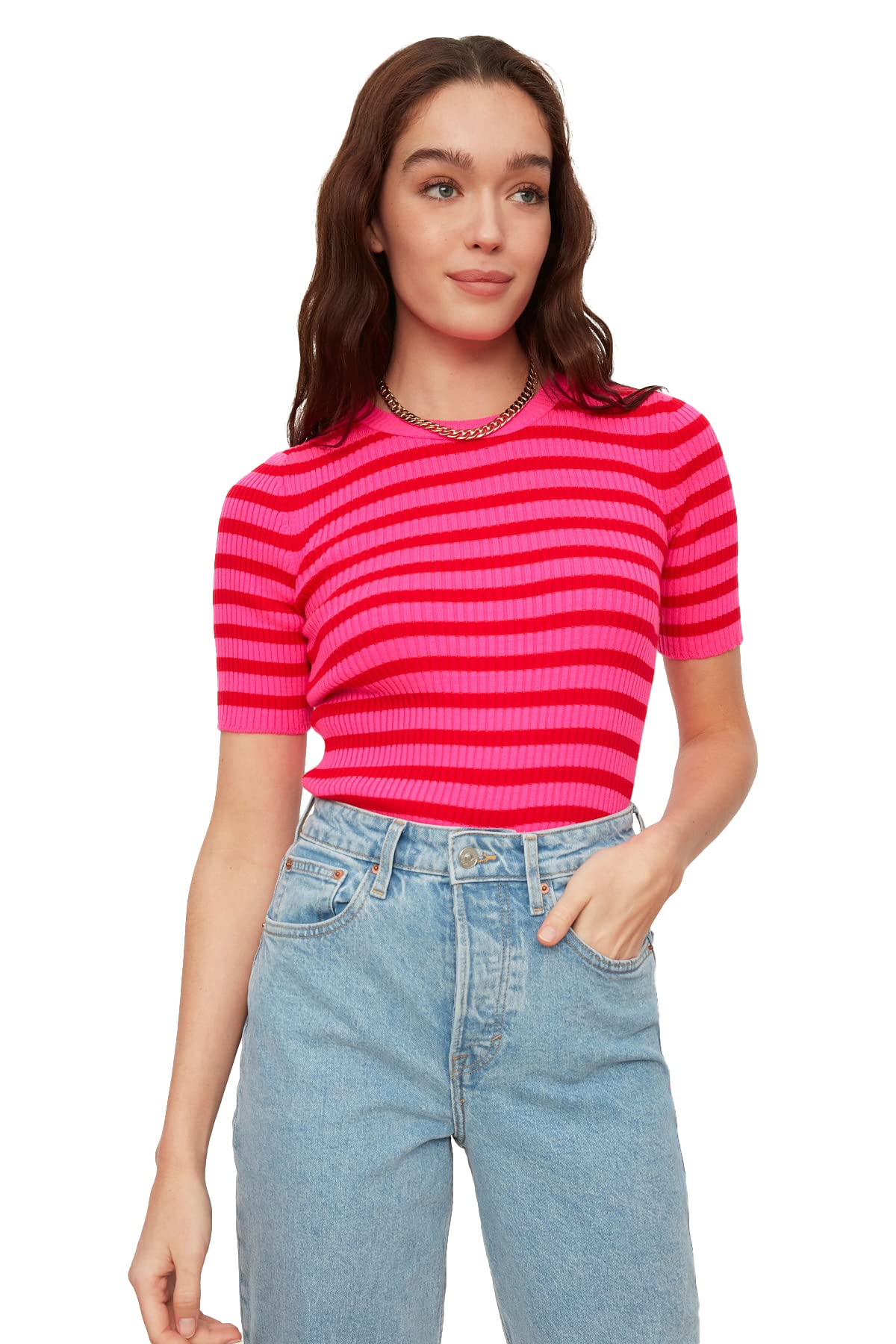 Trendyol Jersey Ligero a Rayas Sudadera, Fucsia, S para Mujer
