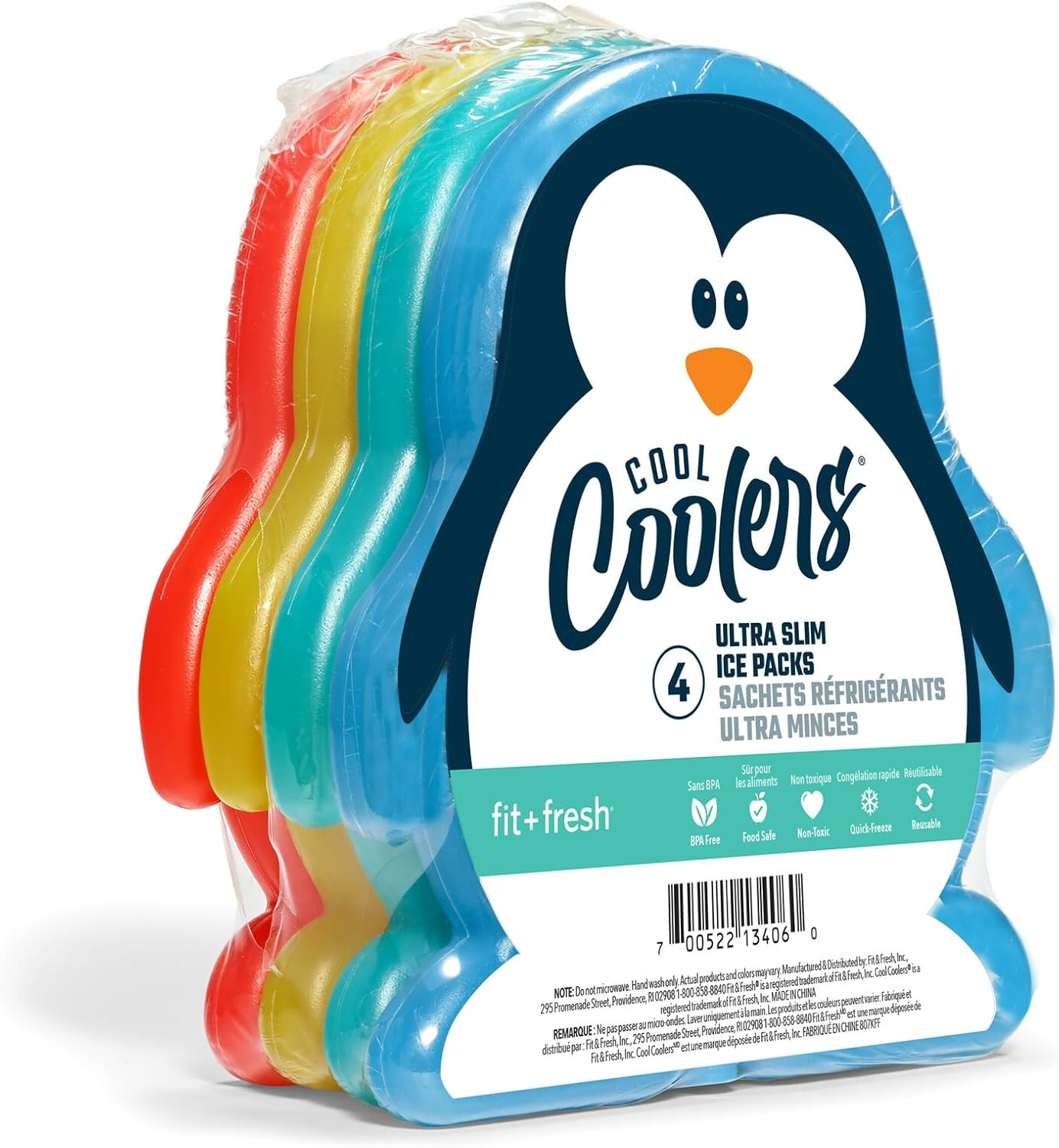 Fit & Fresh Cool Coolers Kids Lunch Box Ice Packs, Slim Ice Packs for Lunch Bags, Lunch Ice Packs Reusable-Multicolored, Set of 4 (Penguin)