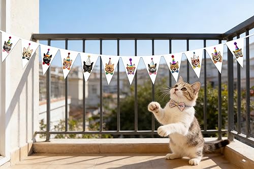 Miniatura 7 de Decoraciones de fiesta de cumpleaños con temática de gatos, pancarta de cumpleaños para amantes de los gatos, pancarta colorida con temática de