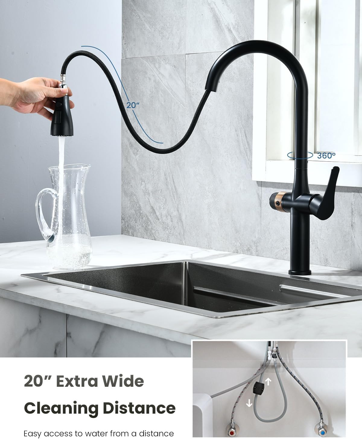 APPASO Black Kitchen Faucet with Water Filter, cUPC Certified Hoses, 3 Way Sink Faucets with Pull Down Sprayer 3 Modes, Single-Handle High Arch 3 in 1 Faucet, Without Water Filtration Device