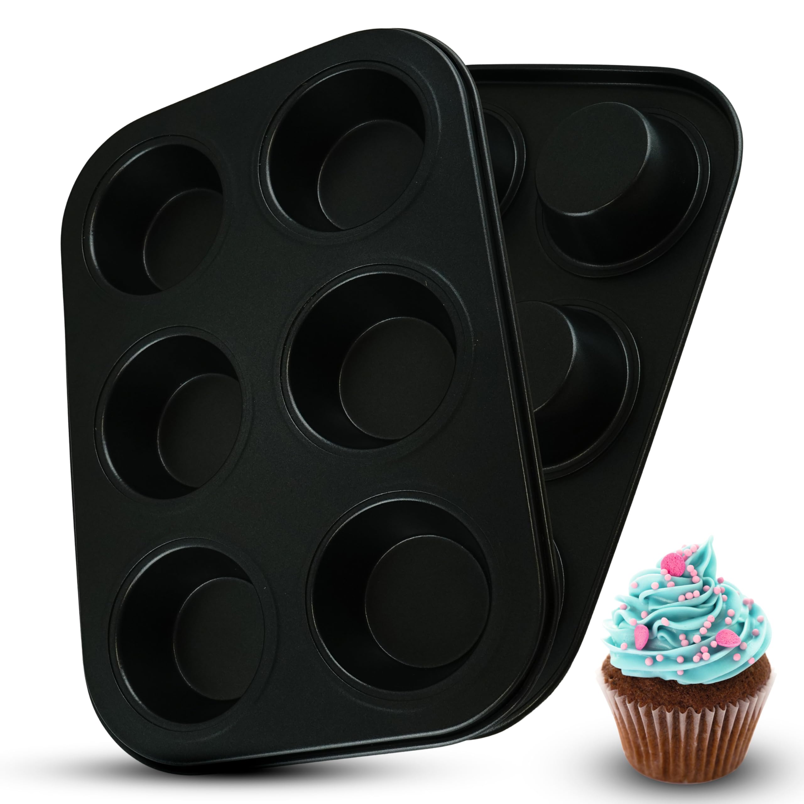 HOVUK 2Pk Muffin Trays 6 Cups - Mini Carbon Steel Cake Muffin Moulds Tins Pans, Non Stick Baking Trays for Cupcakes and Brownies - Grey Baking Moulds 27cm