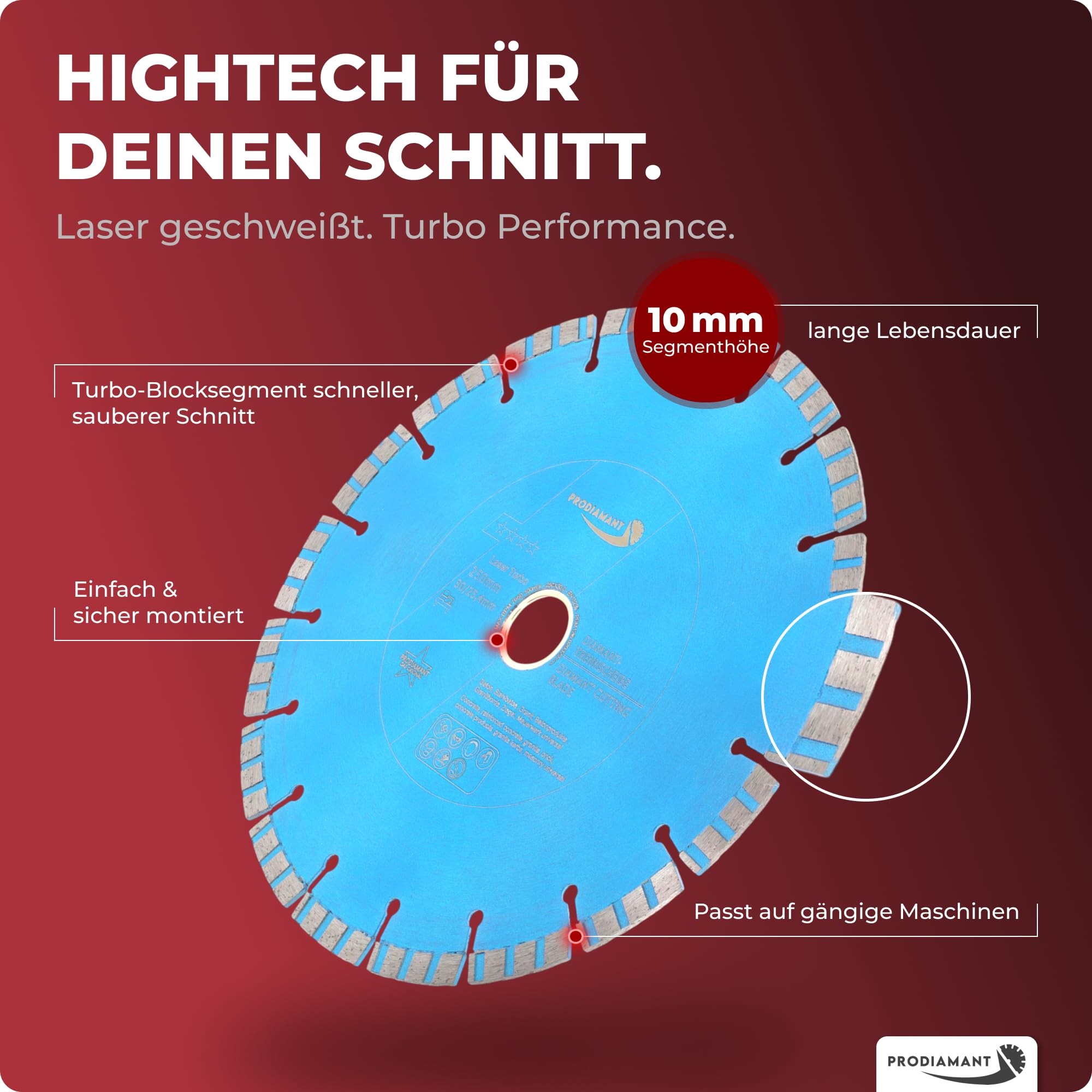 PRODIAMANT Laser Diamanttrennscheibe 250mm x 30 mit Ring 25,4mm Beton Stahlbeton Stein und Ziegel Diamant Turbo-Segmente lasergeschweißt